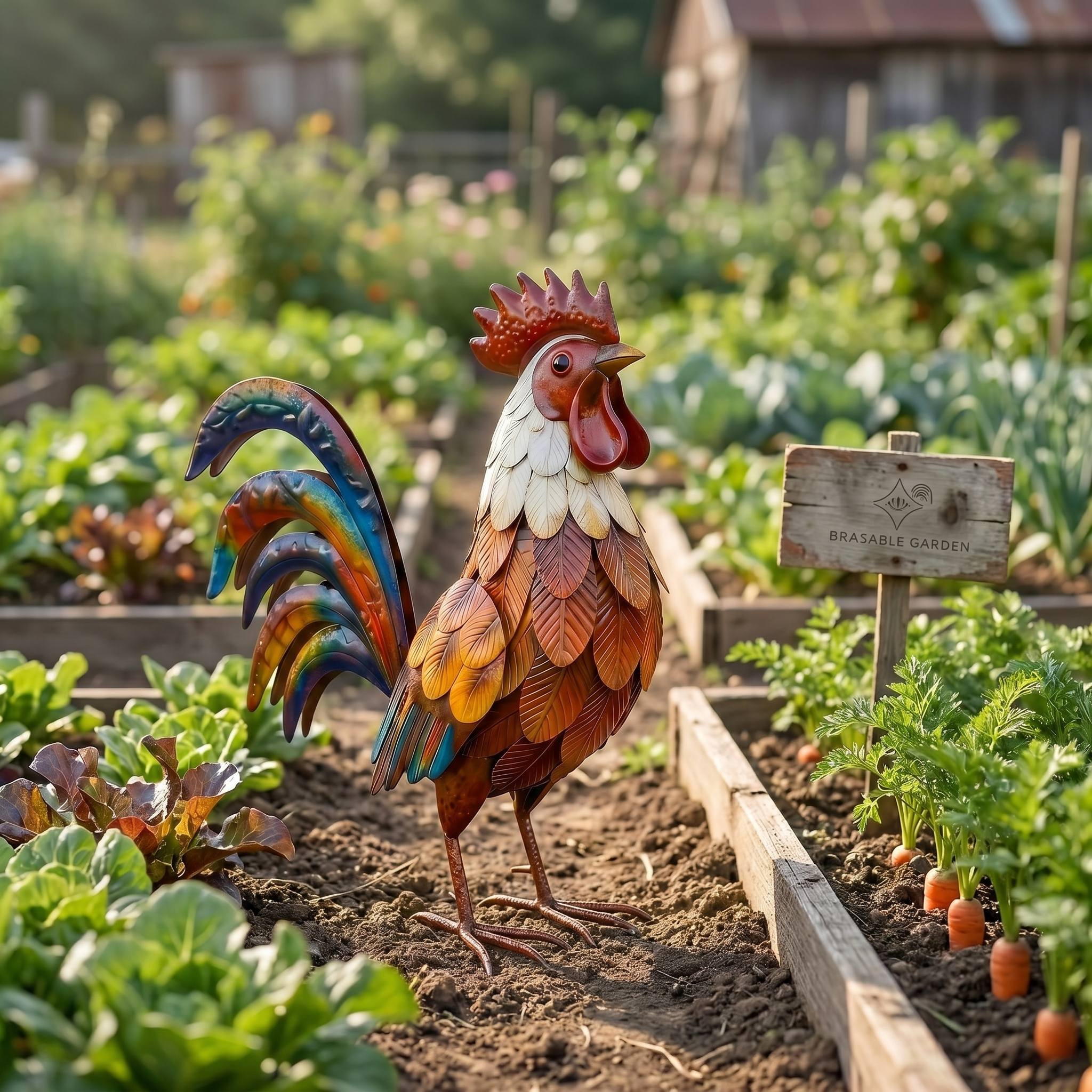 Colourful Rustic Iron Rooster | Farmhouse Garden Sculpture & Outdoor Ornament
