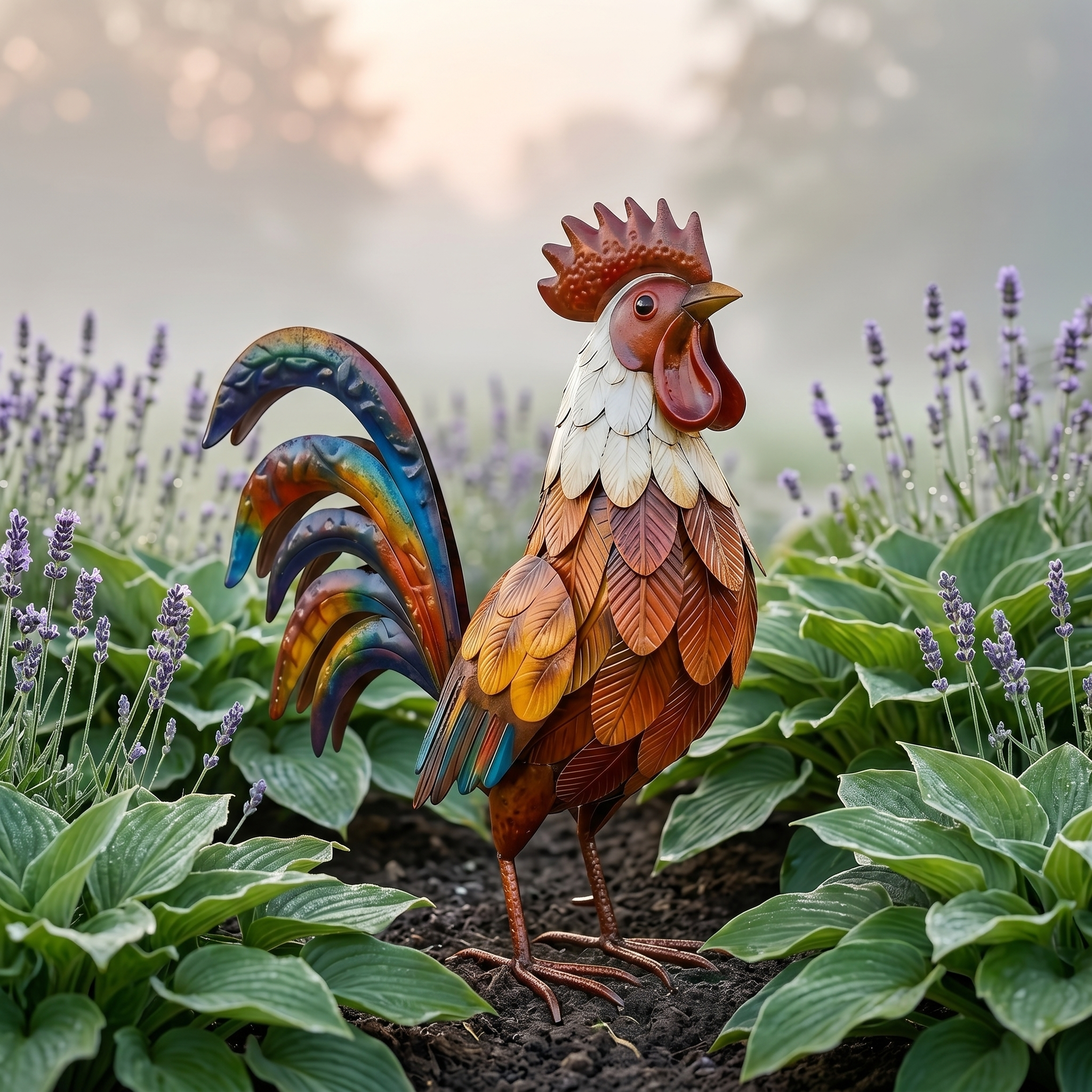 Colourful Rustic Iron Rooster | Farmhouse Garden Sculpture & Outdoor Ornament