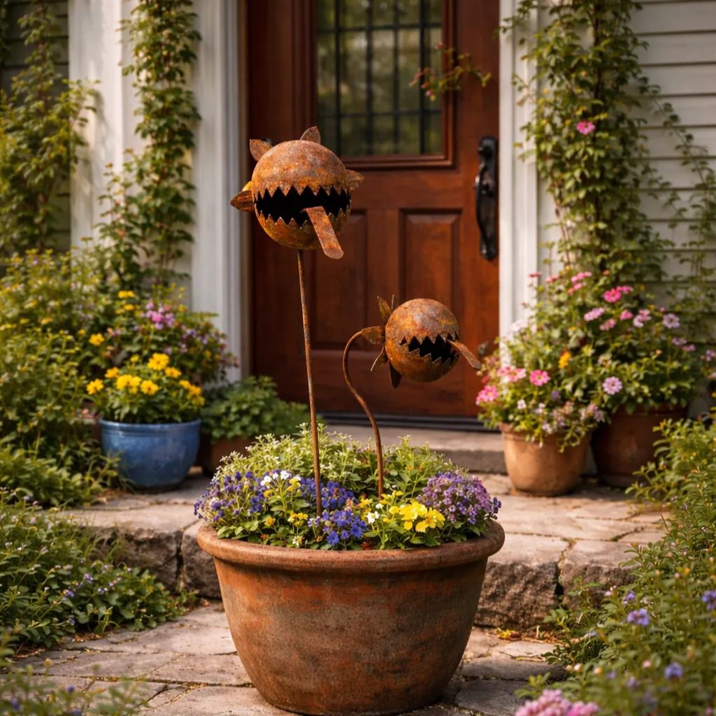 Rustic Metal Piranha Plant Garden Stake Set – Whimsical Outdoor Garden Décor