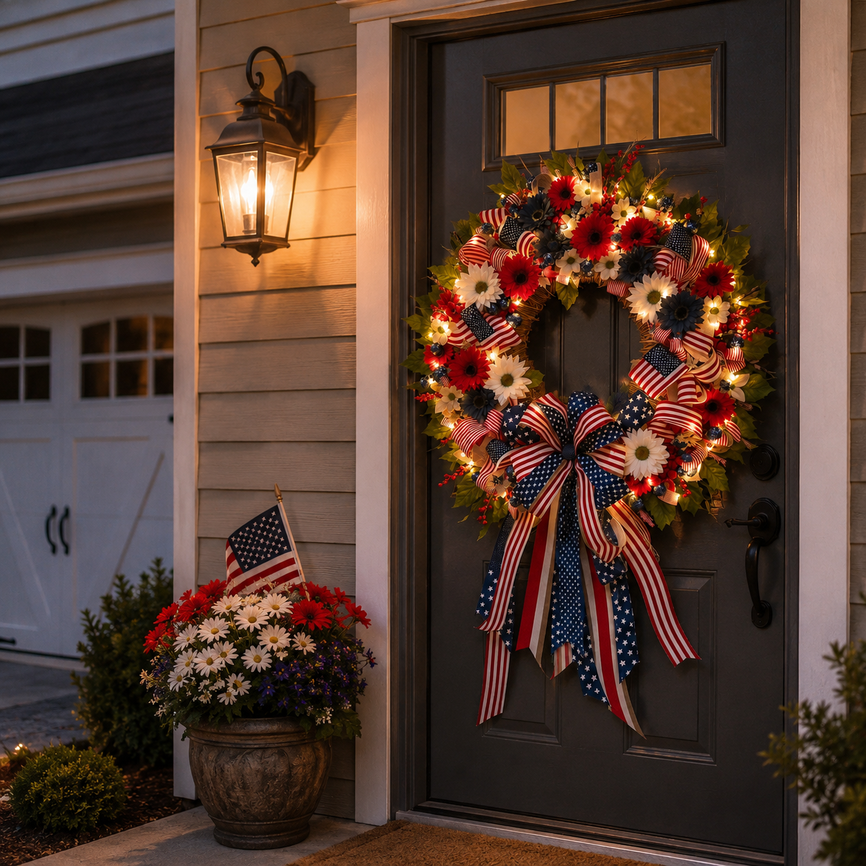 Lighted Patriotic Floral Wreath with Warm White LEDs, 55cm.