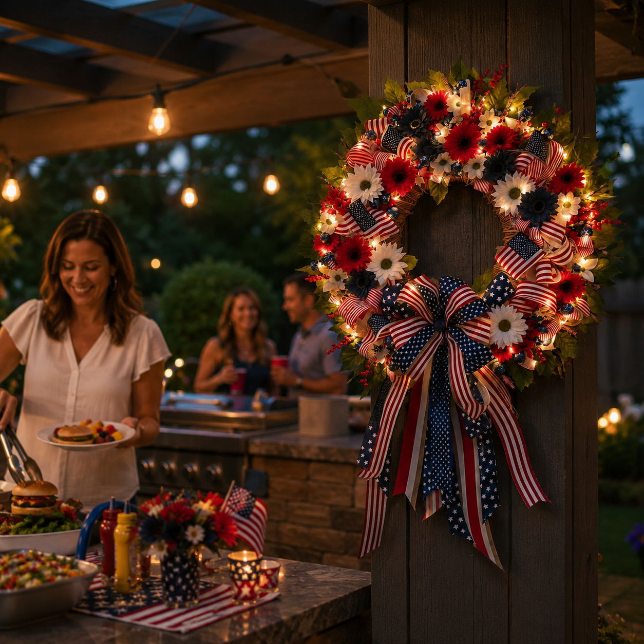 Lighted Patriotic Floral Wreath with Warm White LEDs, 55cm.