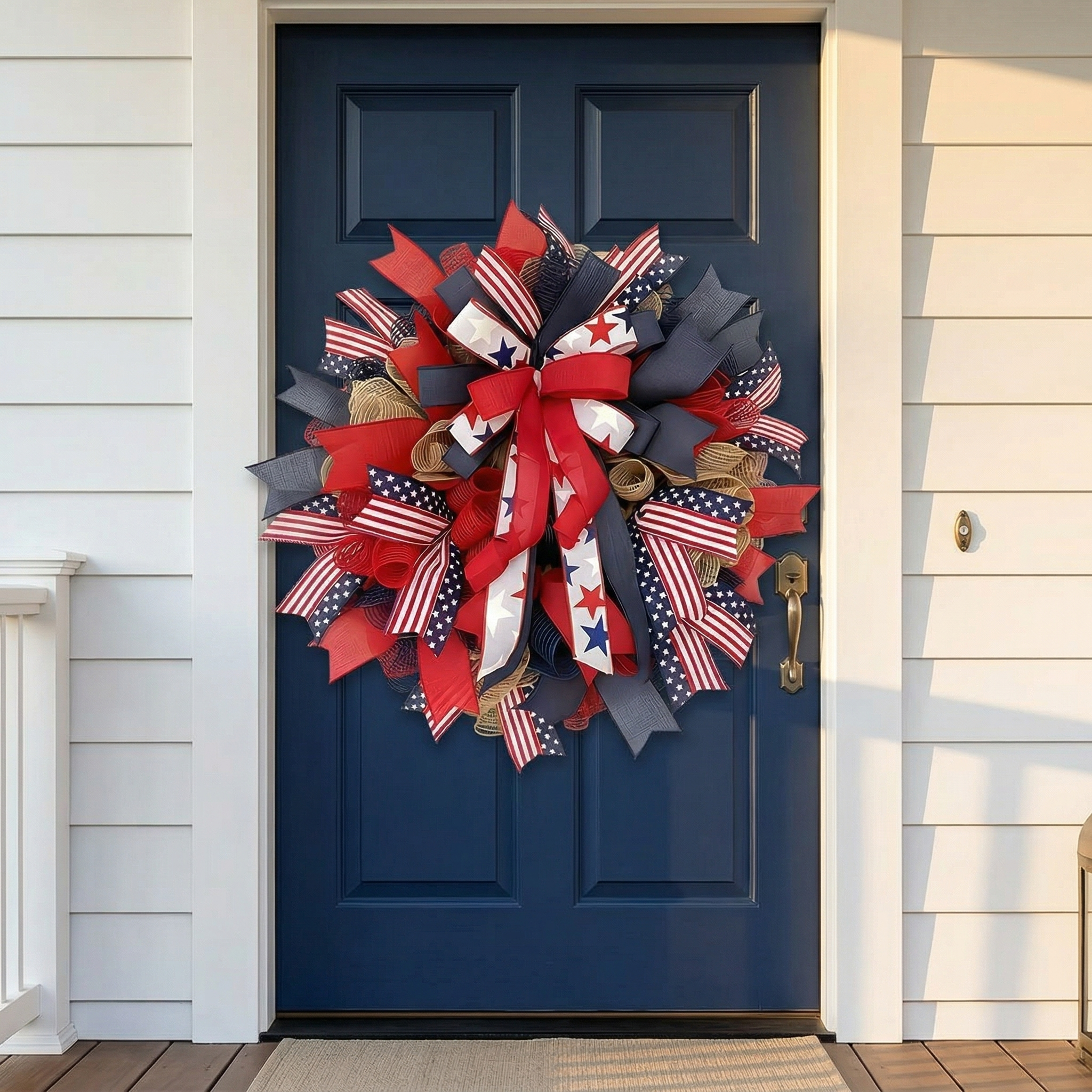 Patriotic Mesh Ribbon Wreath – 17.7" Red, White & Blue Front Door Décor for 4th of July