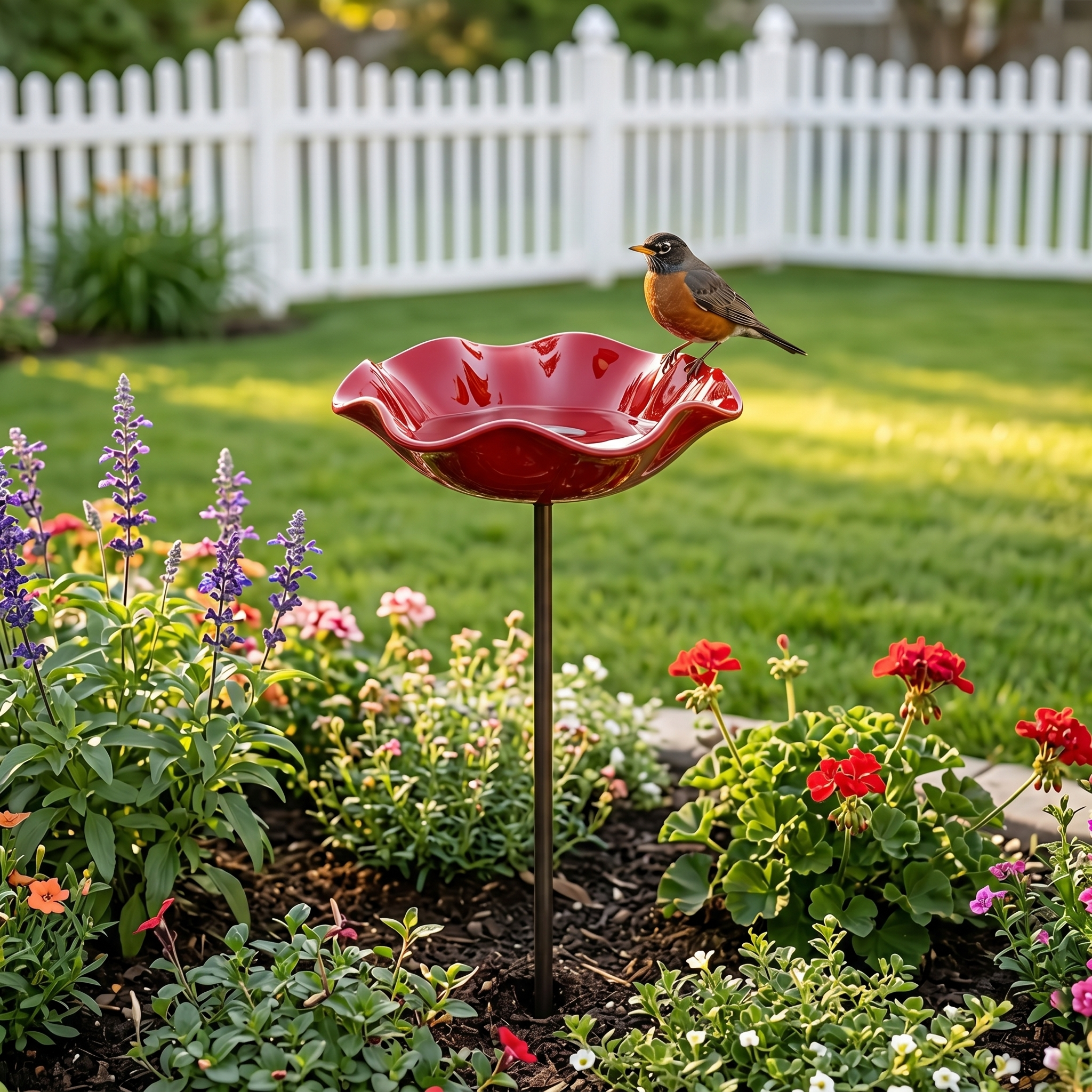 Red Bird Bath Garden Stake