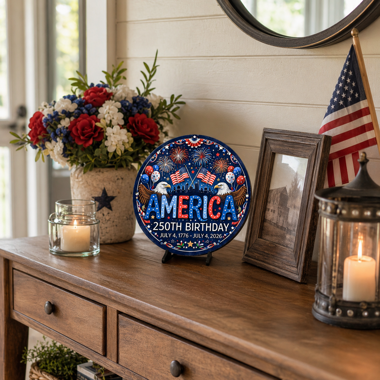 America 250th Birthday Tin Sign – Patriotic 2D Flat Hanging Decor