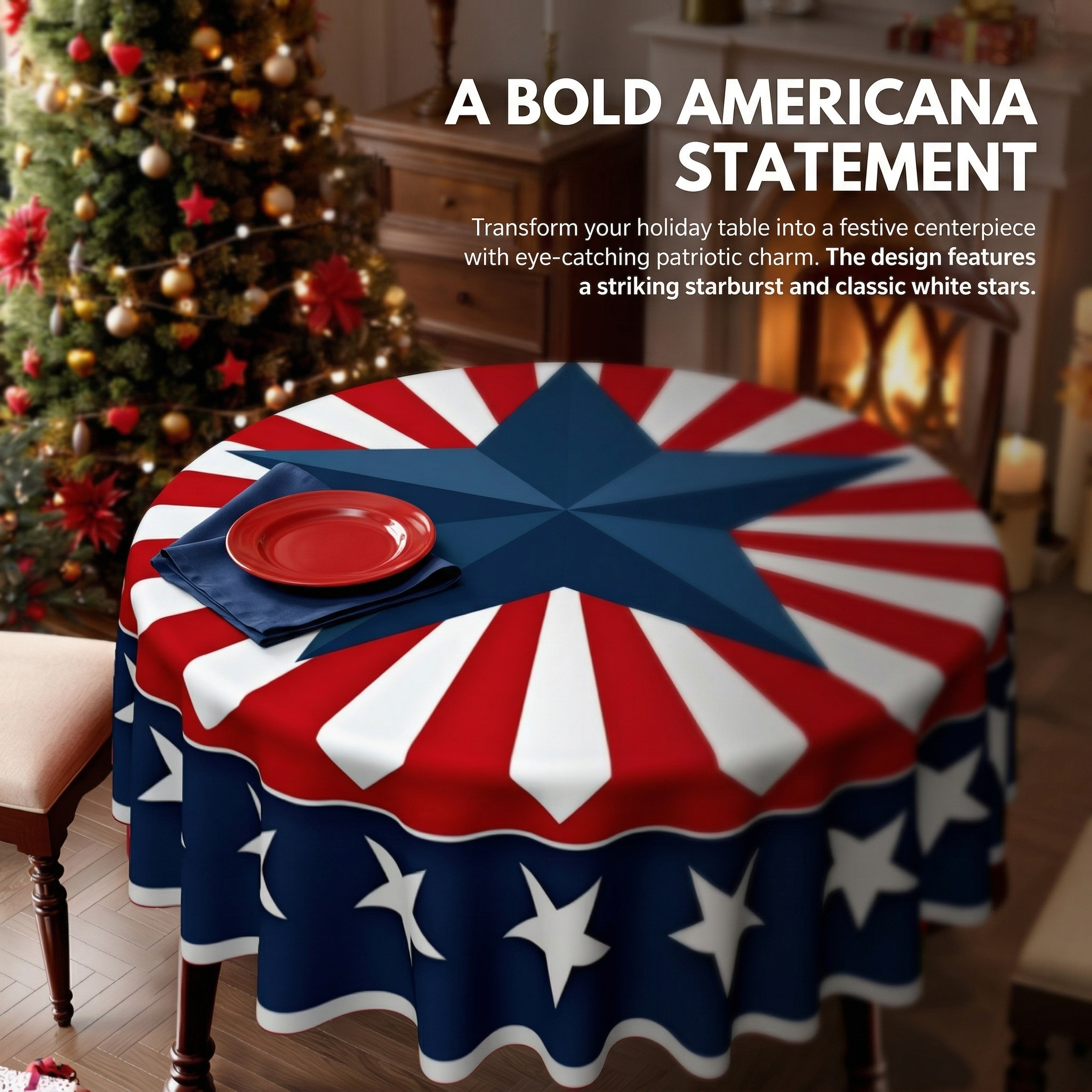 Patriotic Round Tablecloth Red White and Blue Polyester Table Cover