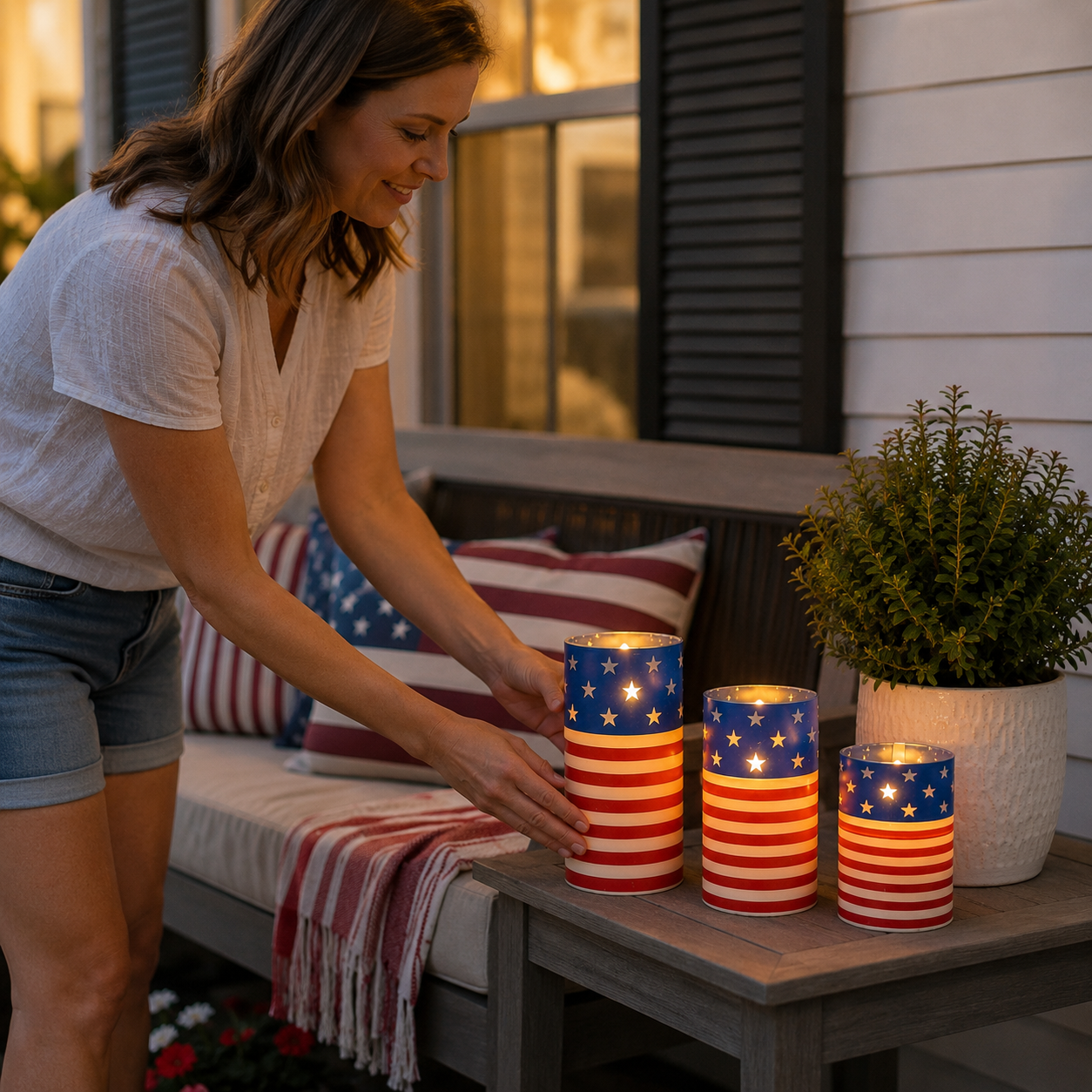A patriotic-themed flameless LED candle set with remote control.