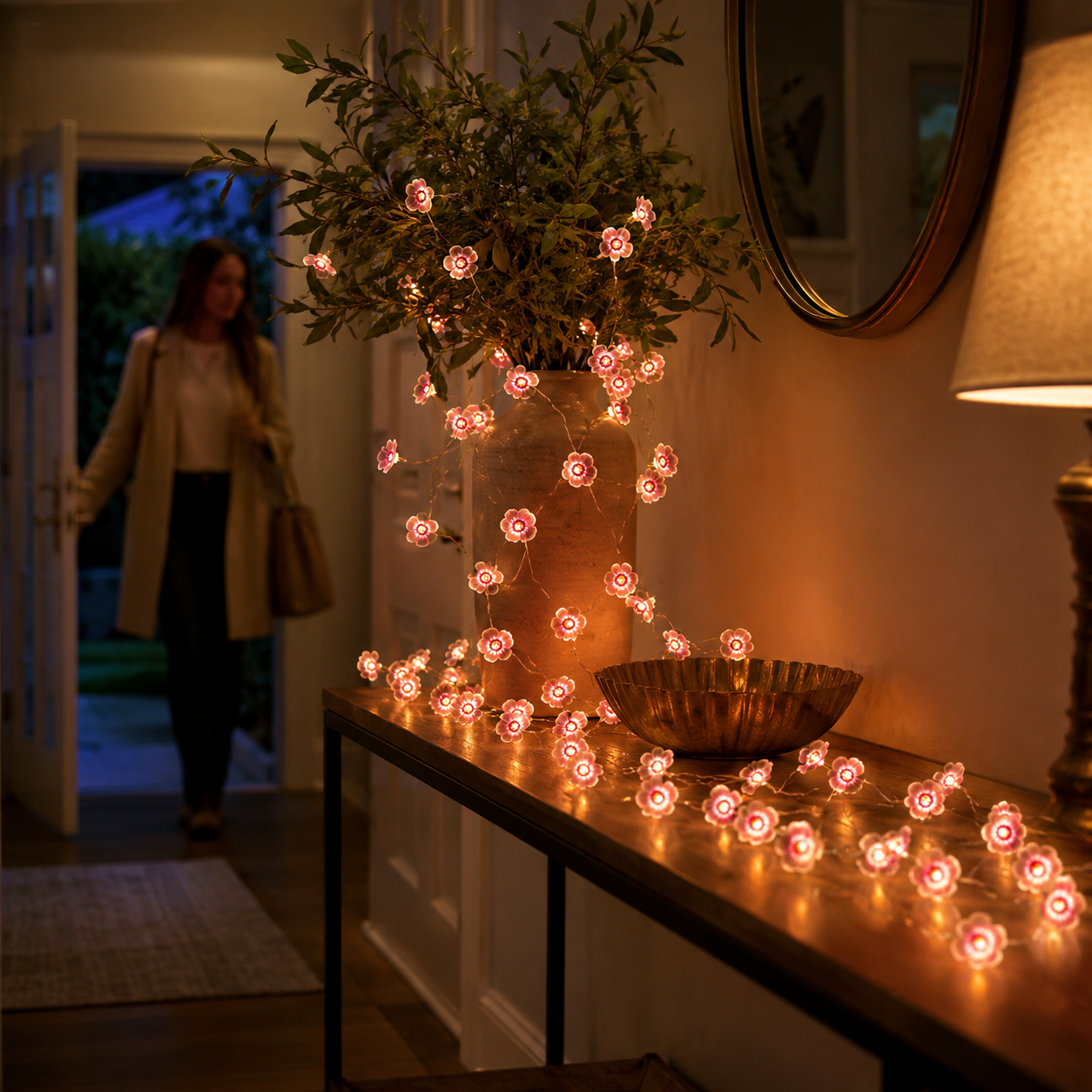 Pink Flower LED Copper Wire String Lights – Battery Powered Floral Fairy Lights