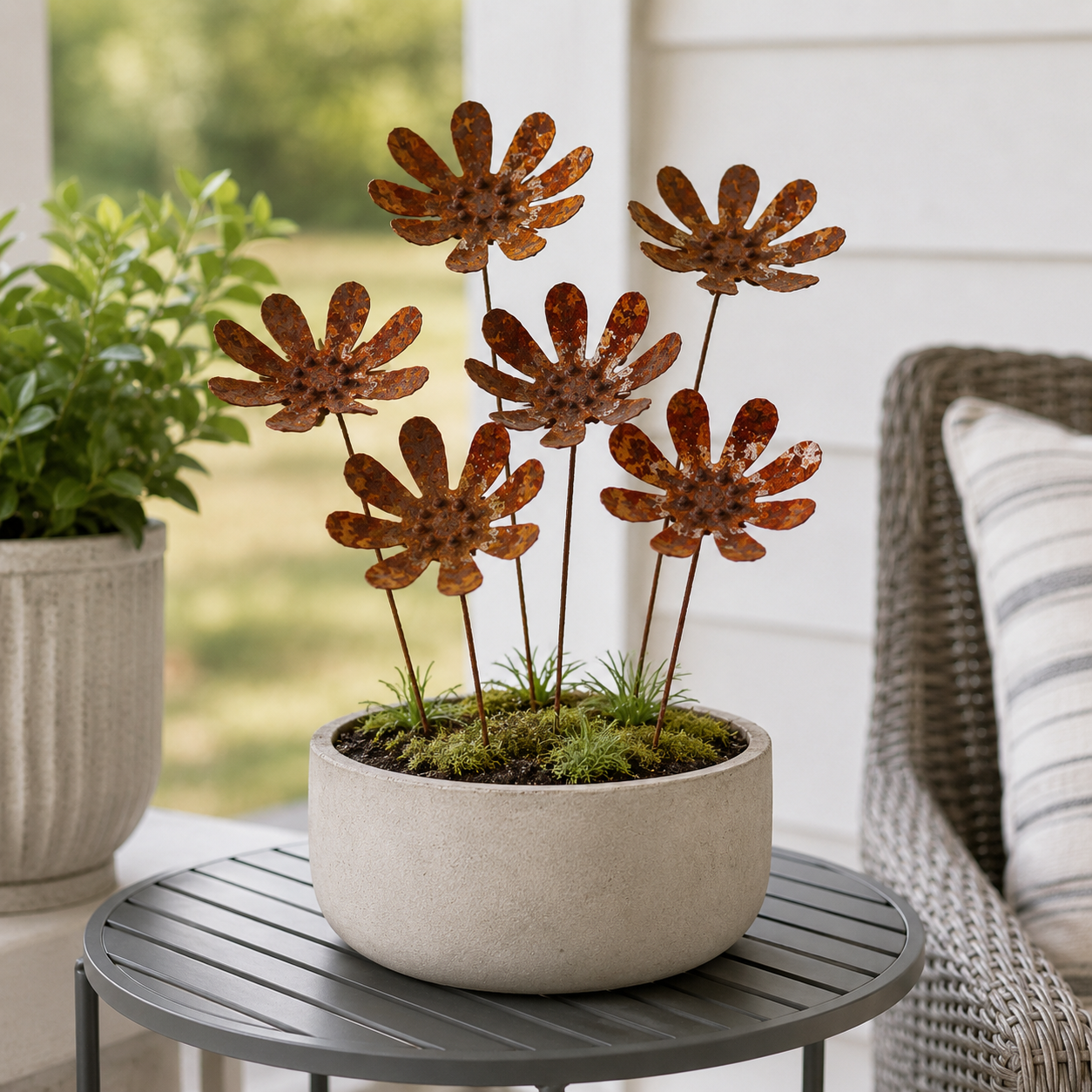 Rustic Daisy Metal Garden Stake Set – 6-Piece Iron Flower Outdoor Decor