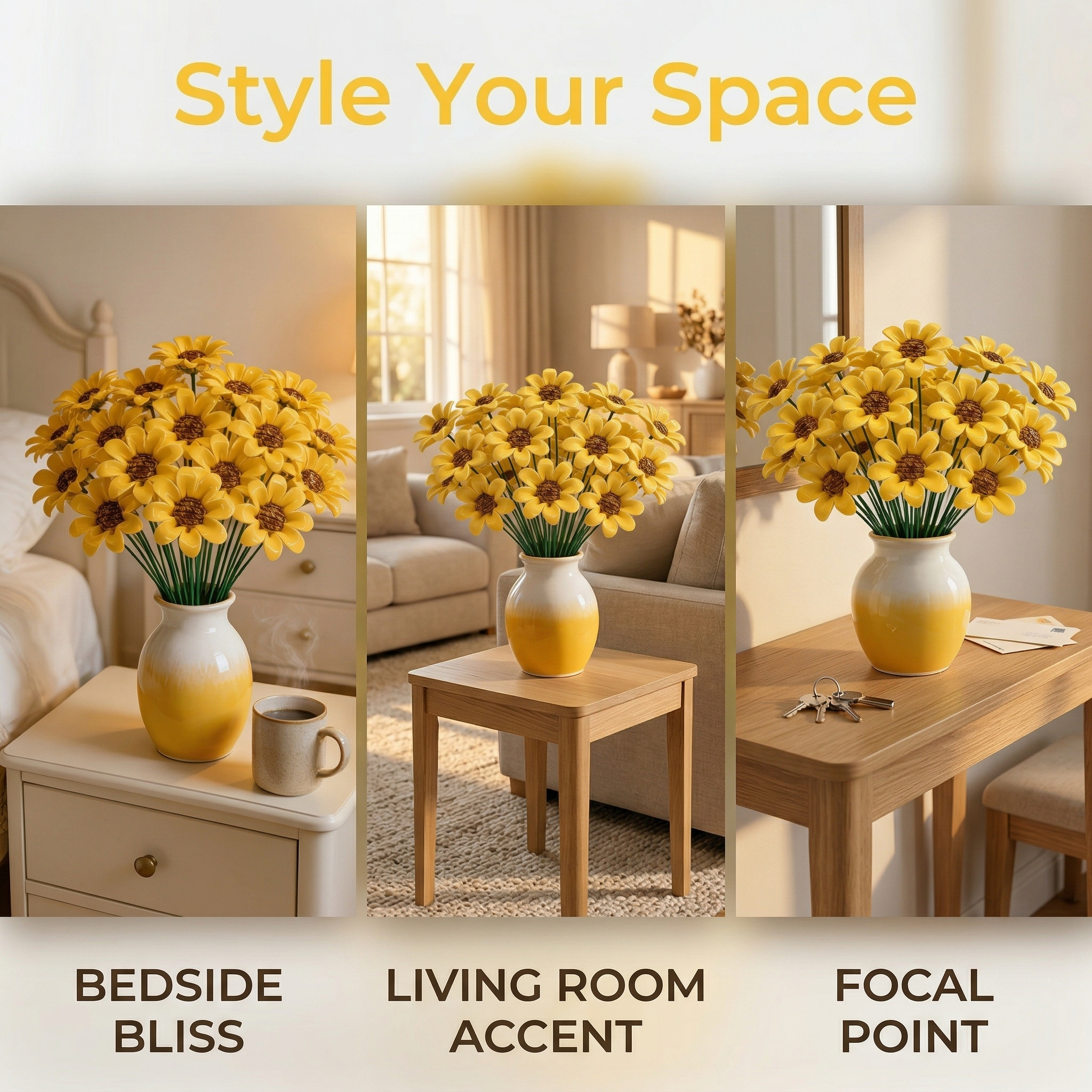 10pcs Ceramic Sunflower Bouquet Decor – Warm Yellow Tabletop Floral Accent for Bedroom, Living Room & Entryway
