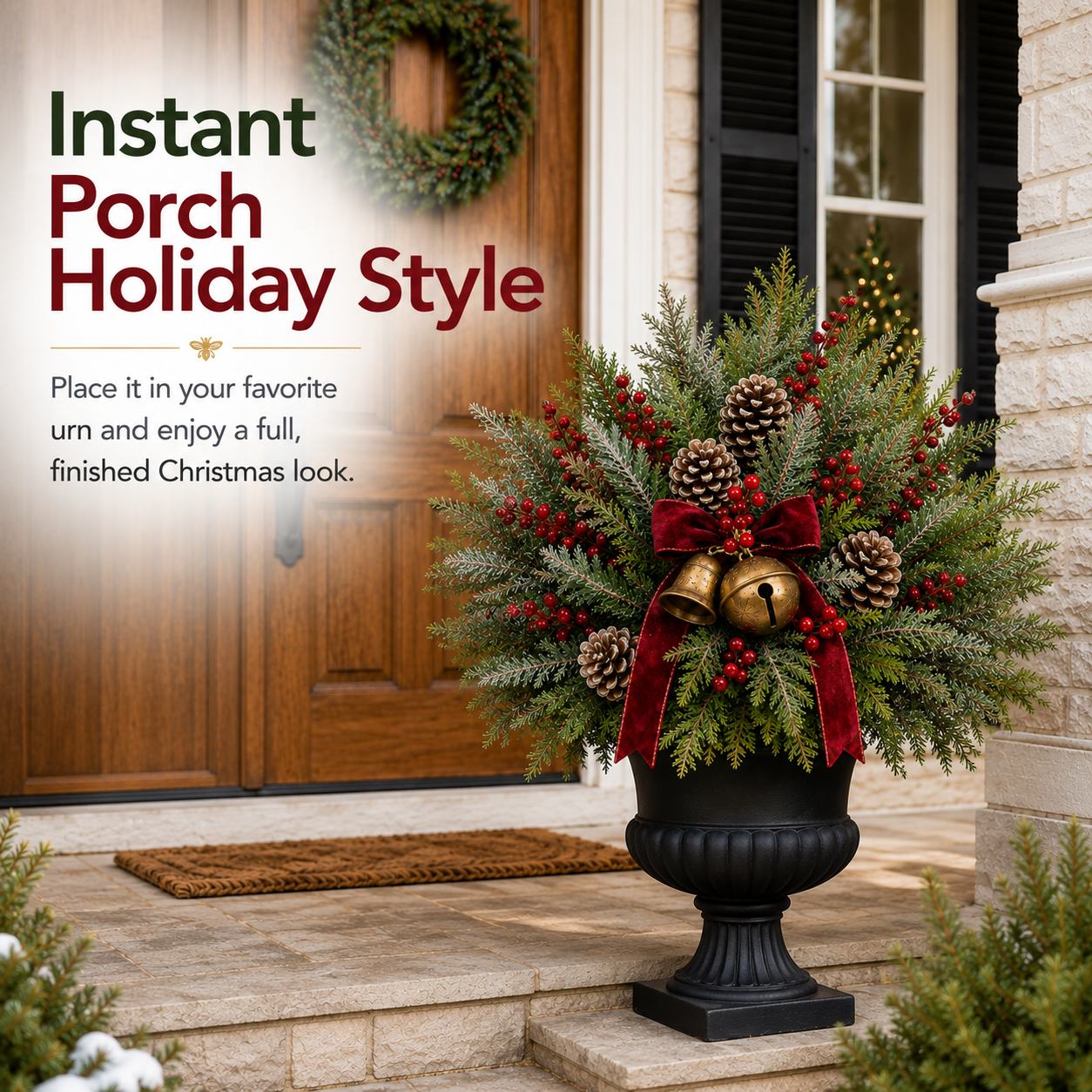 24-Inch Pre-Lit Christmas Urn Filler with Red Berries, Pinecones & Vintage Bells