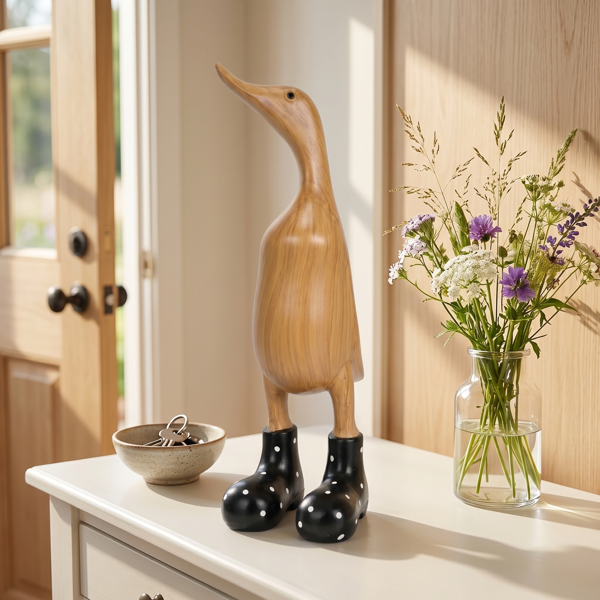Whimsical Resin Duck Figurine with Polka Dot Rain Boots