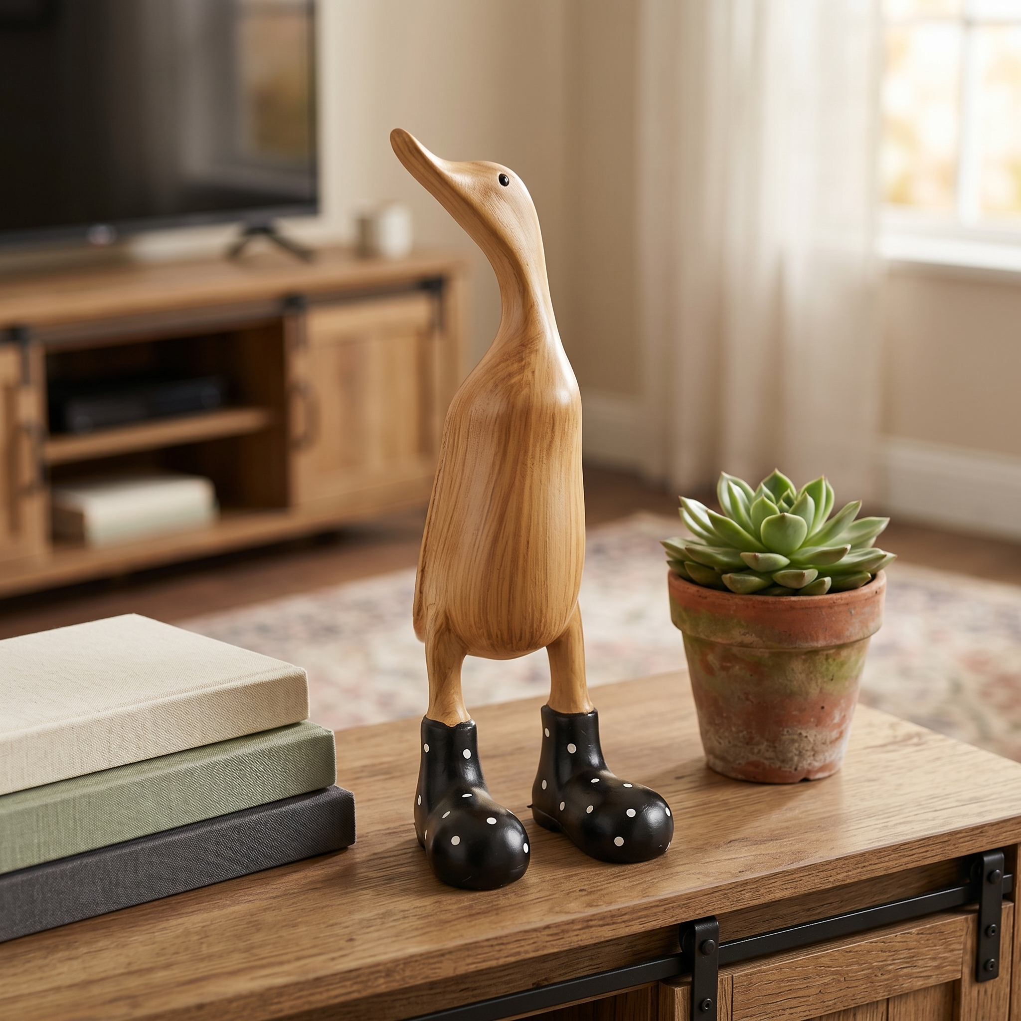 Whimsical Resin Duck Figurine with Polka Dot Rain Boots