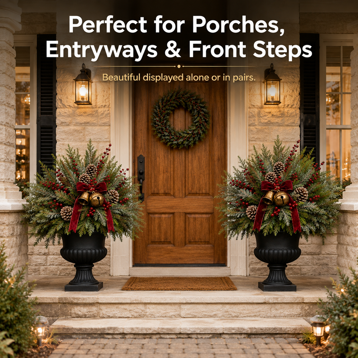 24-Inch Pre-Lit Christmas Urn Filler with Red Berries, Pinecones & Vintage Bells