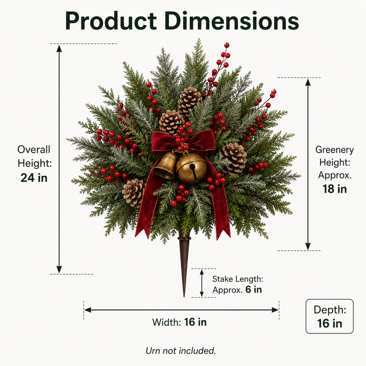 24-Inch Pre-Lit Christmas Urn Filler with Red Berries, Pinecones & Vintage Bells