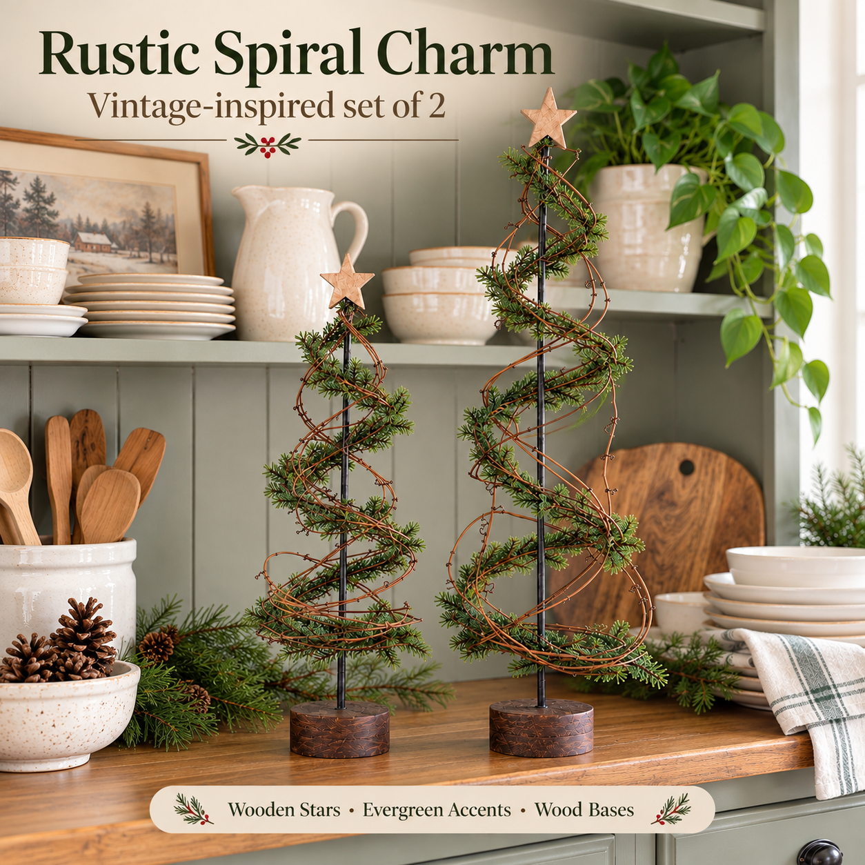 Set of 2 Pre-Lit Primitive Spiral Christmas Trees with Remote