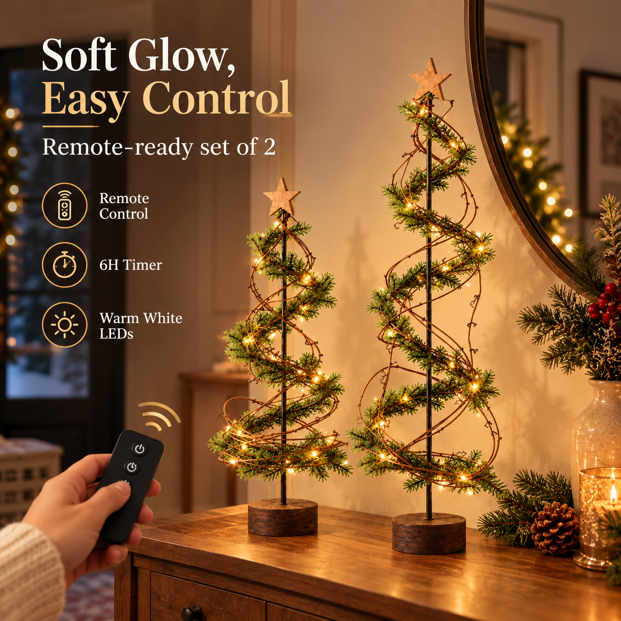 Set of 2 Pre-Lit Primitive Spiral Christmas Trees with Remote