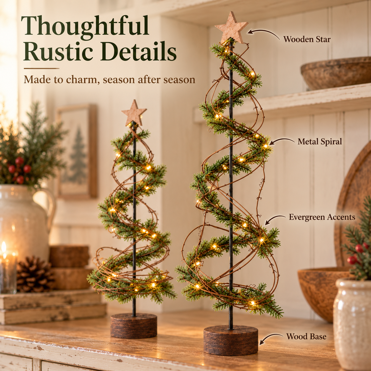 Set of 2 Pre-Lit Primitive Spiral Christmas Trees with Remote