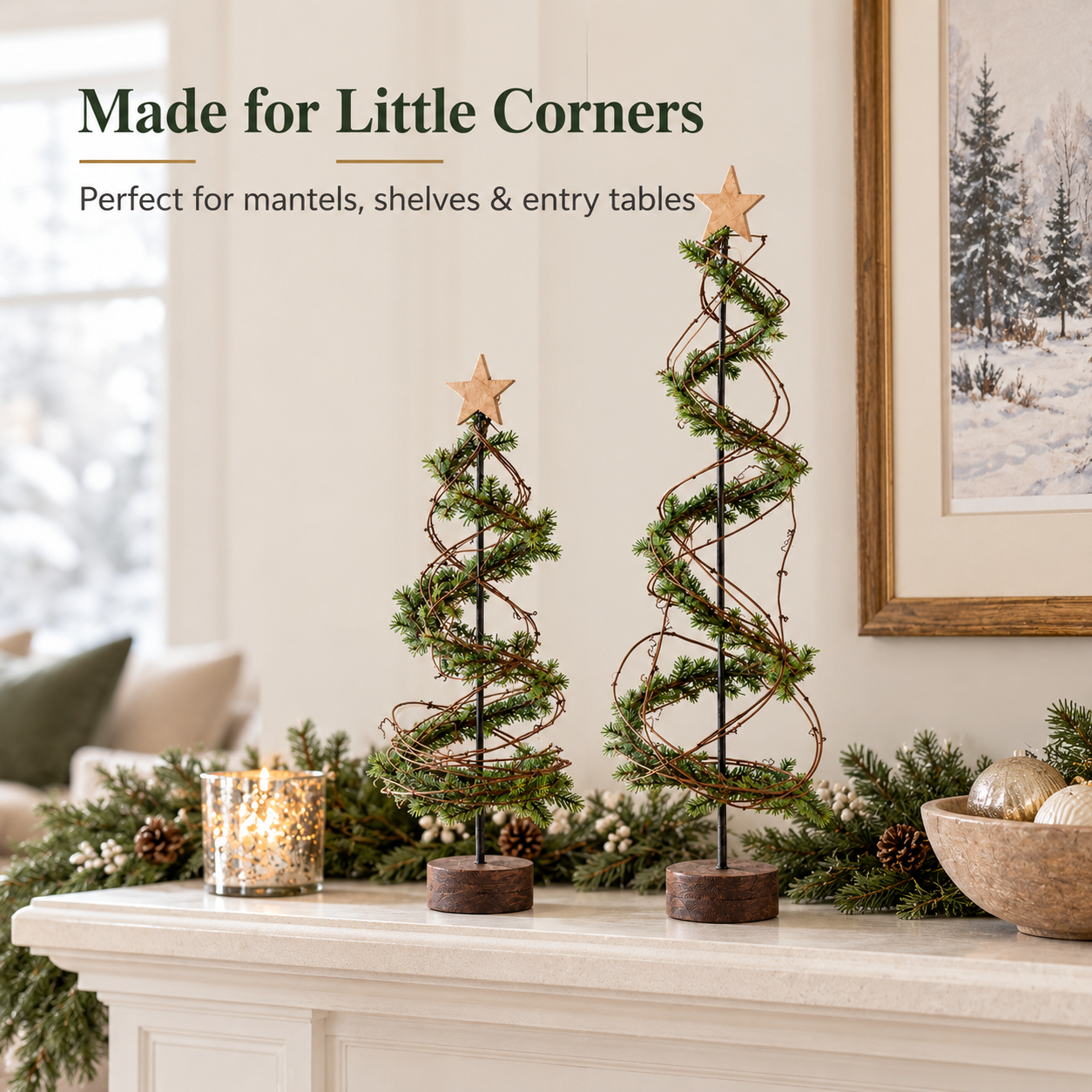 Set of 2 Pre-Lit Primitive Spiral Christmas Trees with Remote