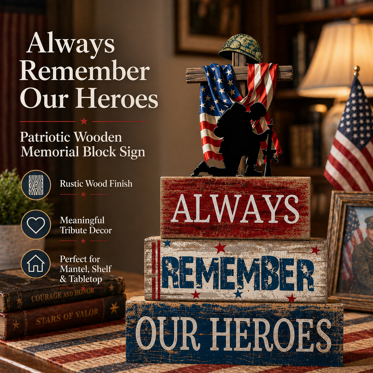 Patriotic Wooden Memorial Block Sign – Always Remember Our Heroes