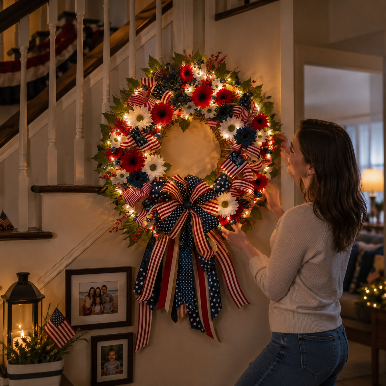 Lighted Patriotic Floral Wreath with Warm White LEDs, 55cm.