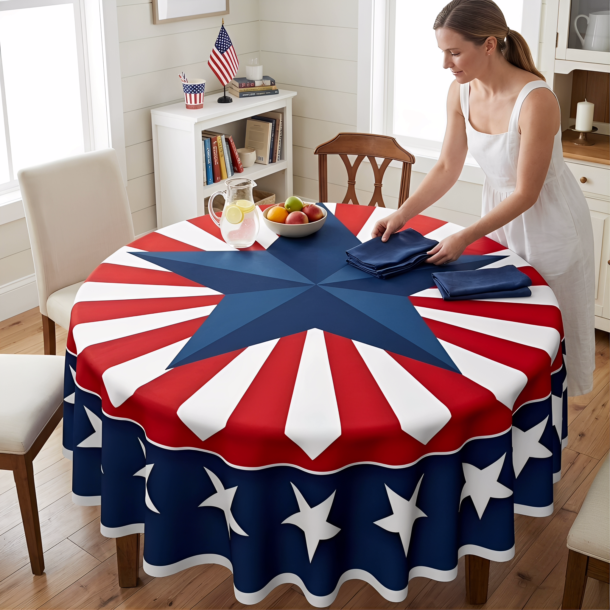 Patriotic Round Tablecloth Red White and Blue Polyester Table Cover