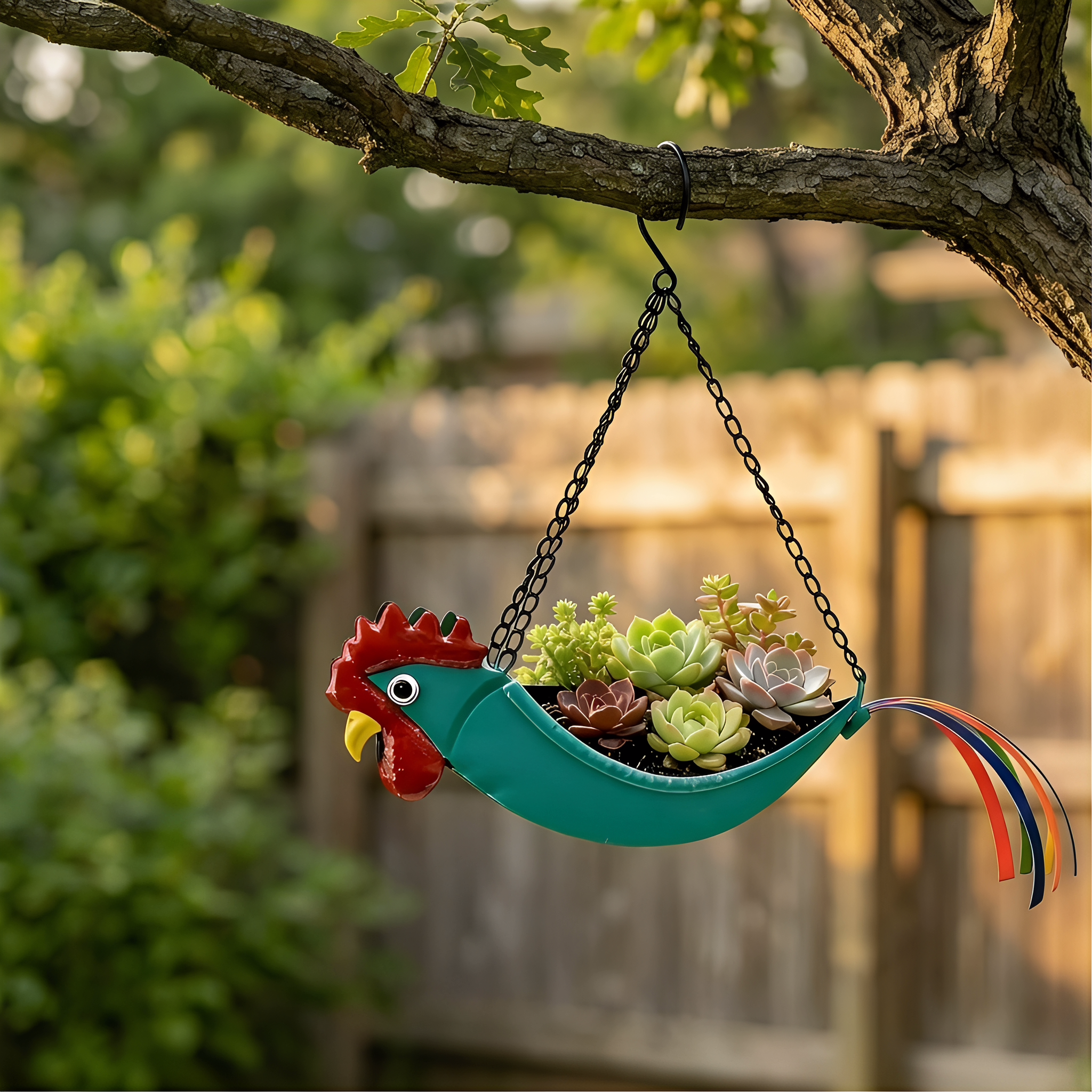 Metal Rooster Hanging Planter for Succulents, Rustic Farmhouse Outdoor Flower Pot Basket