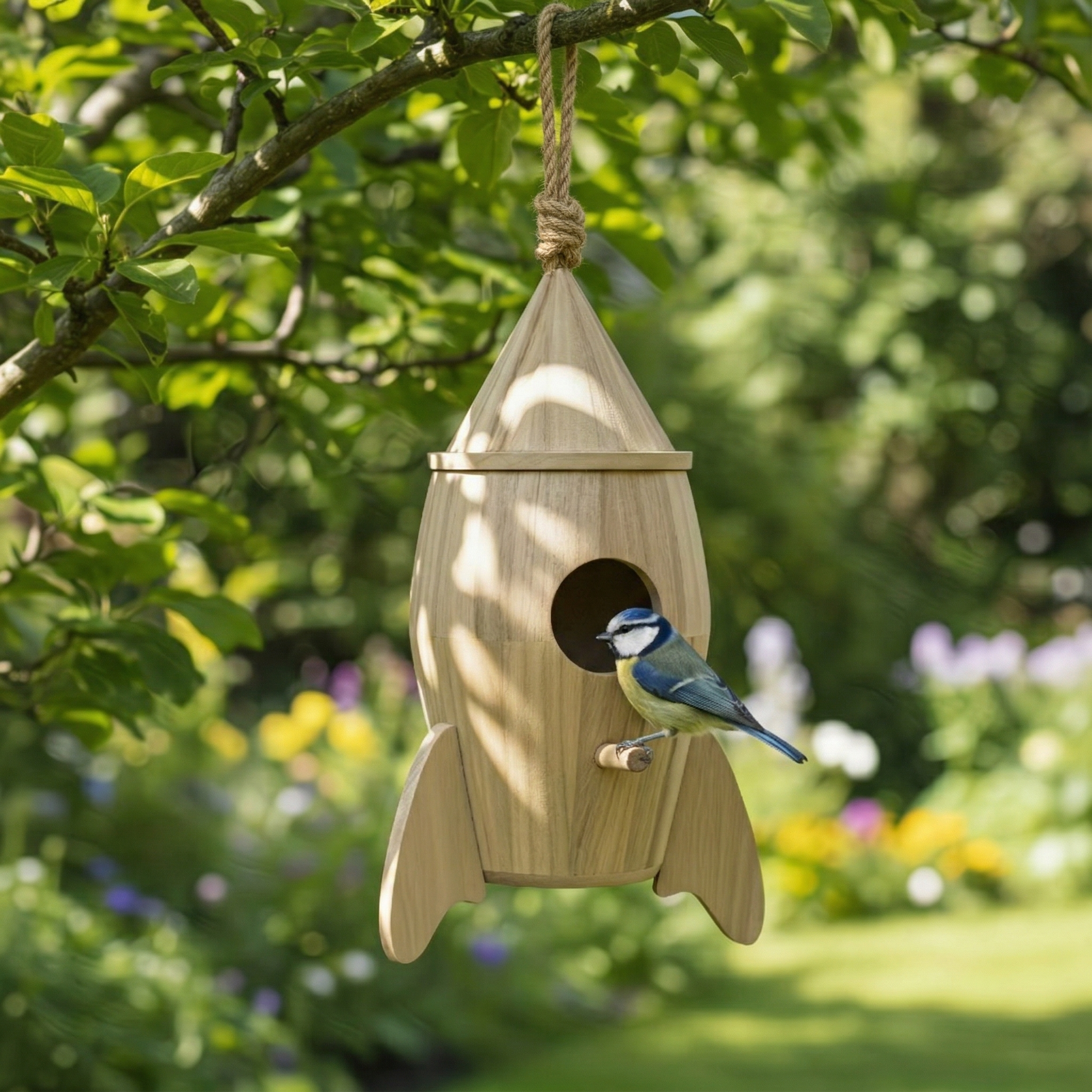 Rocket-Shaped Wooden Birdhouse for DIY Painting – Hanging Outdoor Garden Bird House Decor