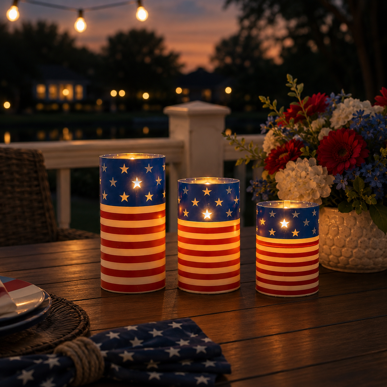 A patriotic-themed flameless LED candle set with remote control.