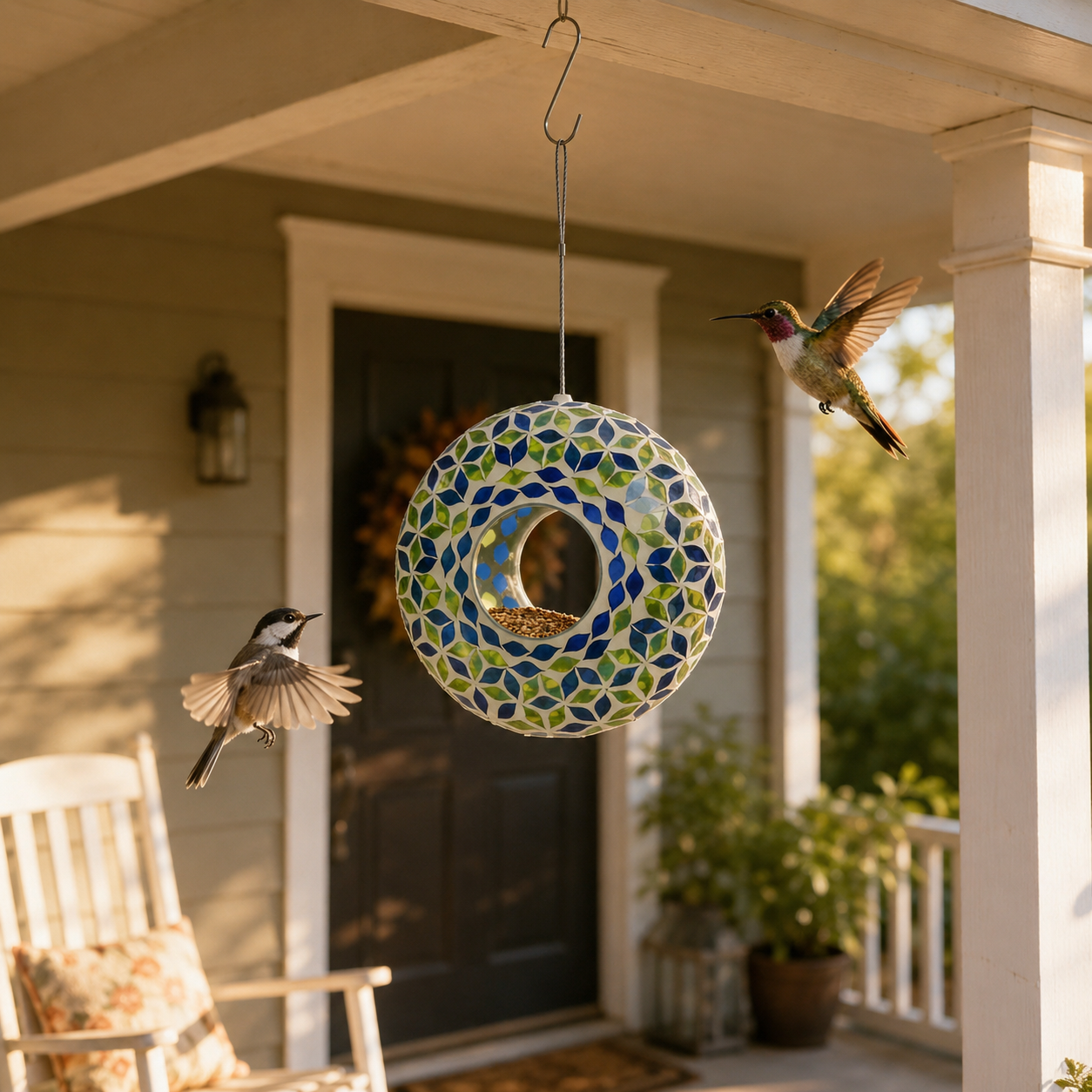 Glass Hanging Bird Feeder with Blue & Green Leaf Pattern