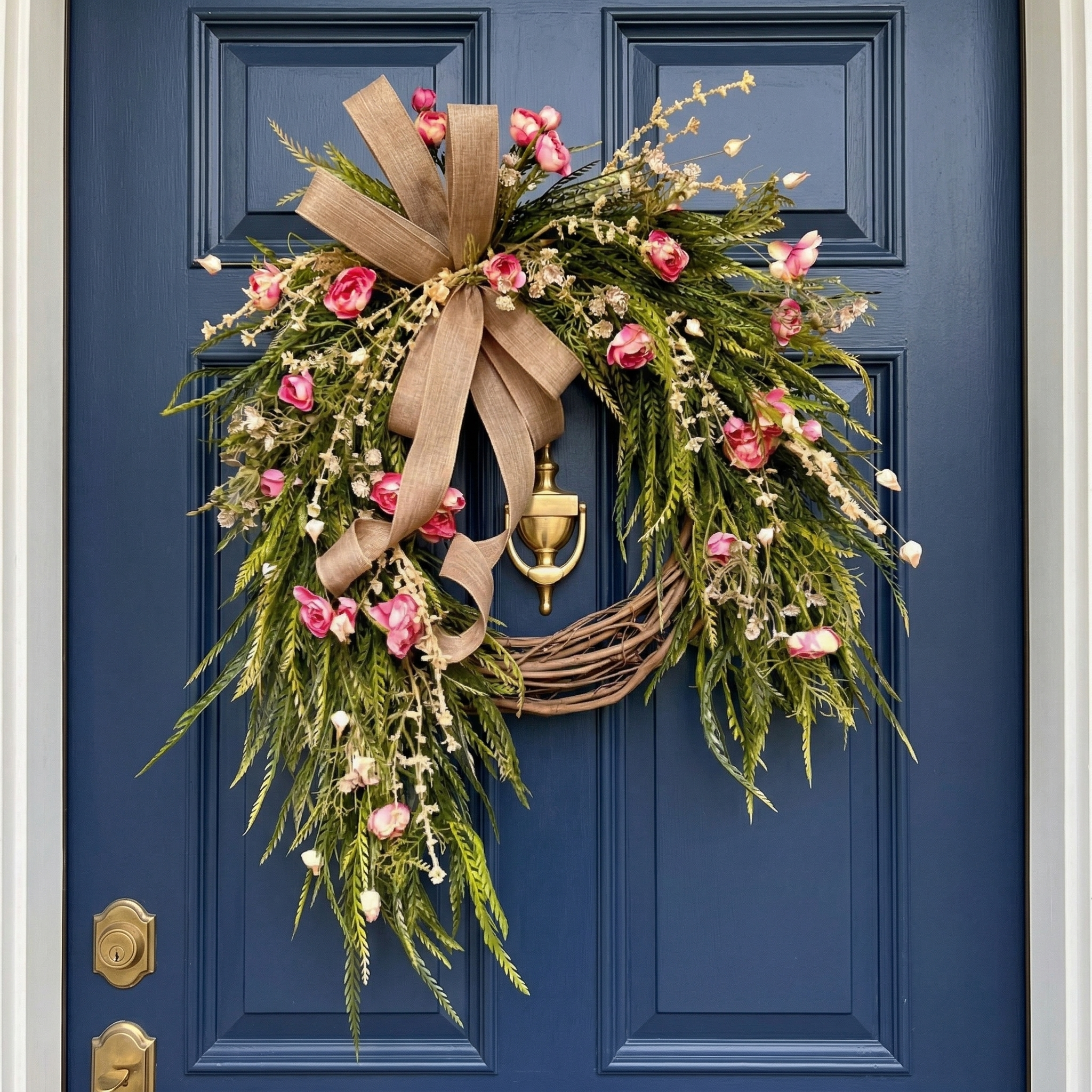 18" Handmade Spring Floral Door Wreath with Pink Blooms and Rustic Bow