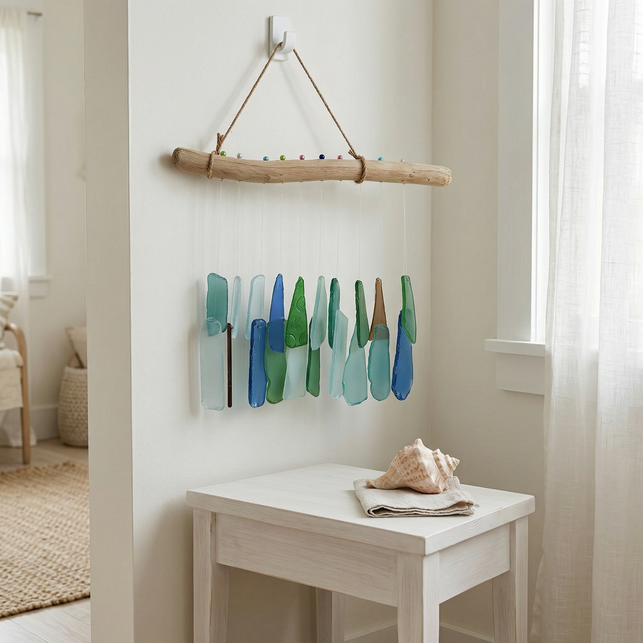 Coastal Sea Glass Driftwood Wind Chime Wall Hanging