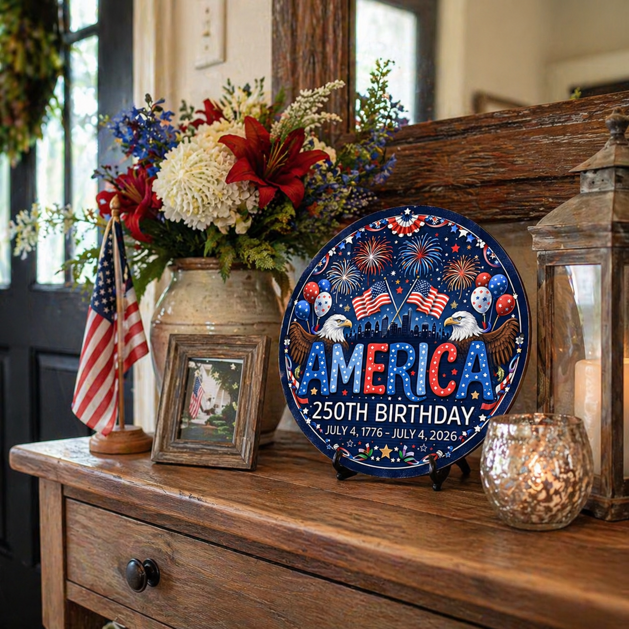 America 250th Birthday Tin Sign – Patriotic 2D Flat Hanging Decor