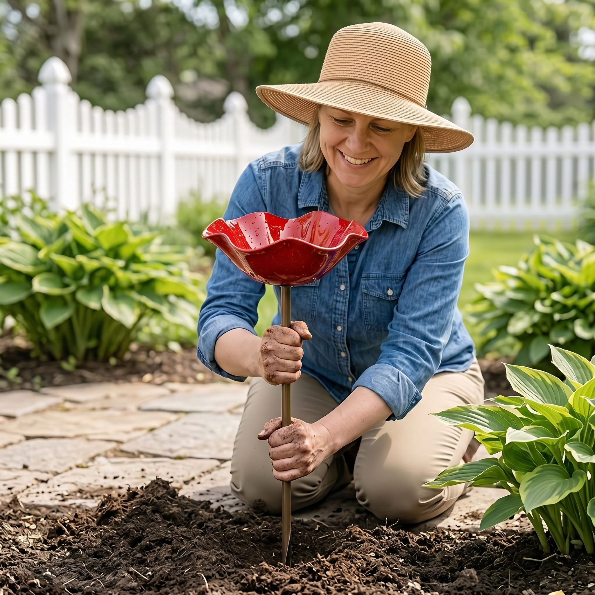 Red Bird Bath Garden Stake