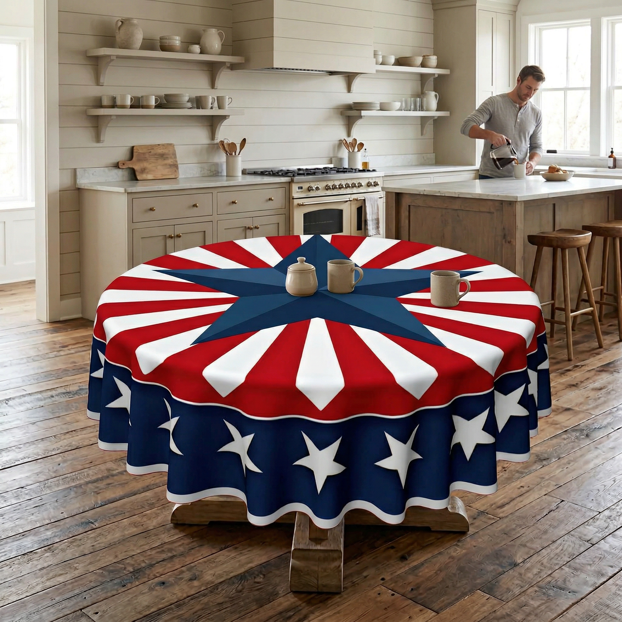 Patriotic Round Tablecloth Red White and Blue Polyester Table Cover