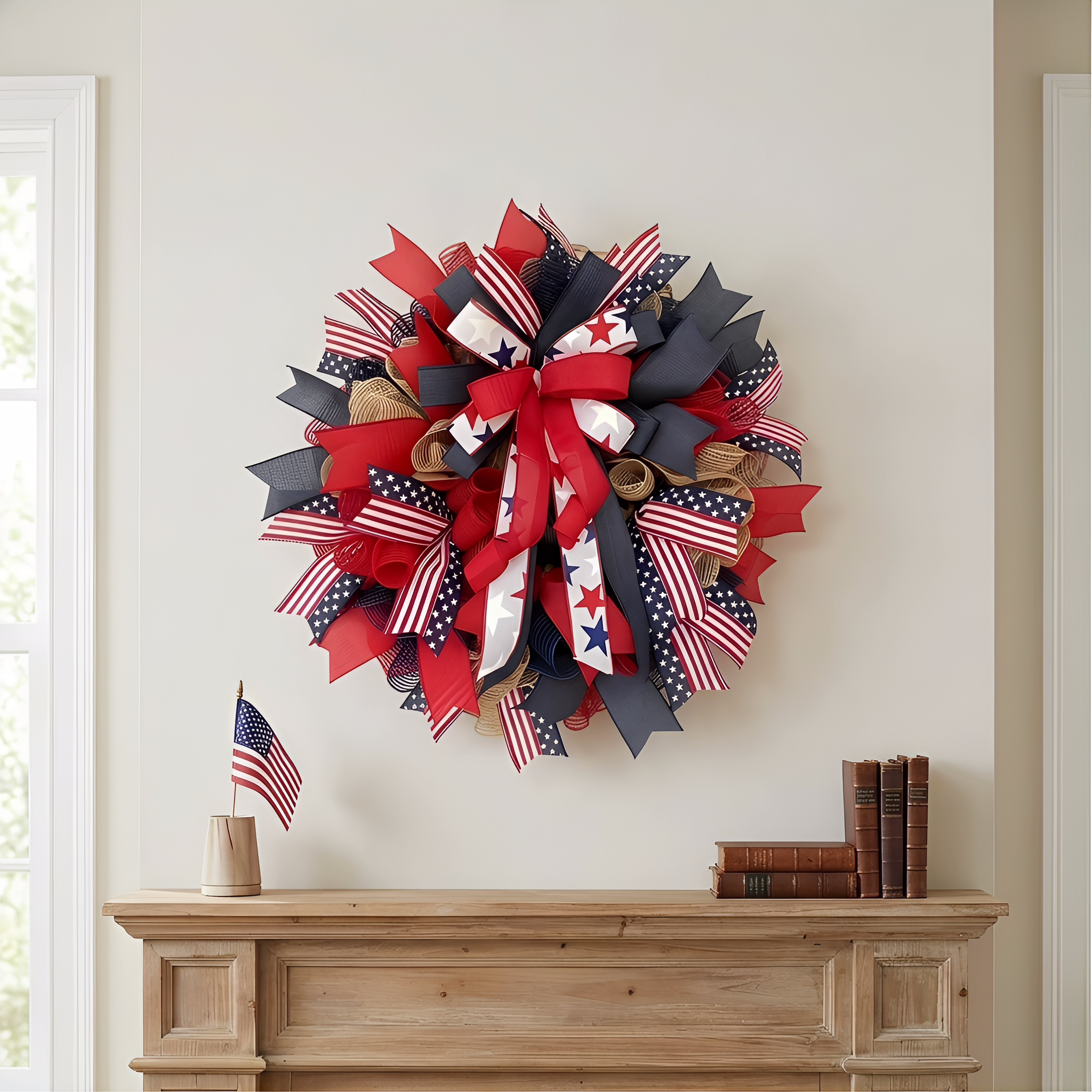 Patriotic Mesh Ribbon Wreath – 17.7" Red, White & Blue Front Door Décor for 4th of July
