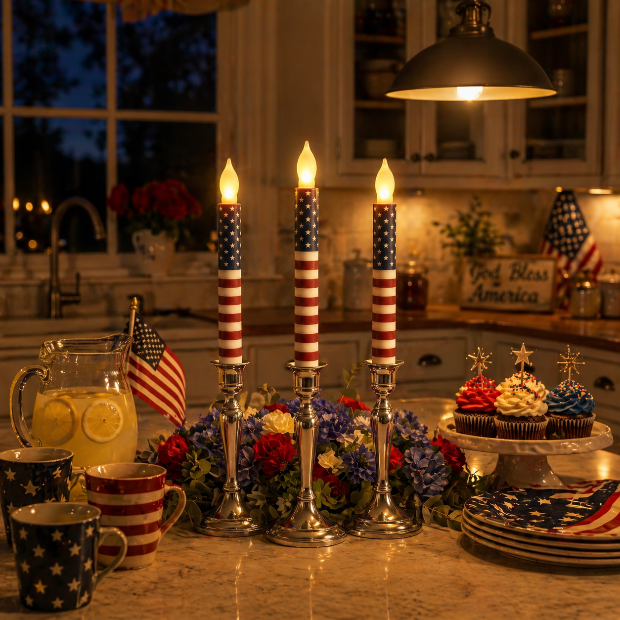 UV Printed LED Remote Flameless Patriotic Taper Candle