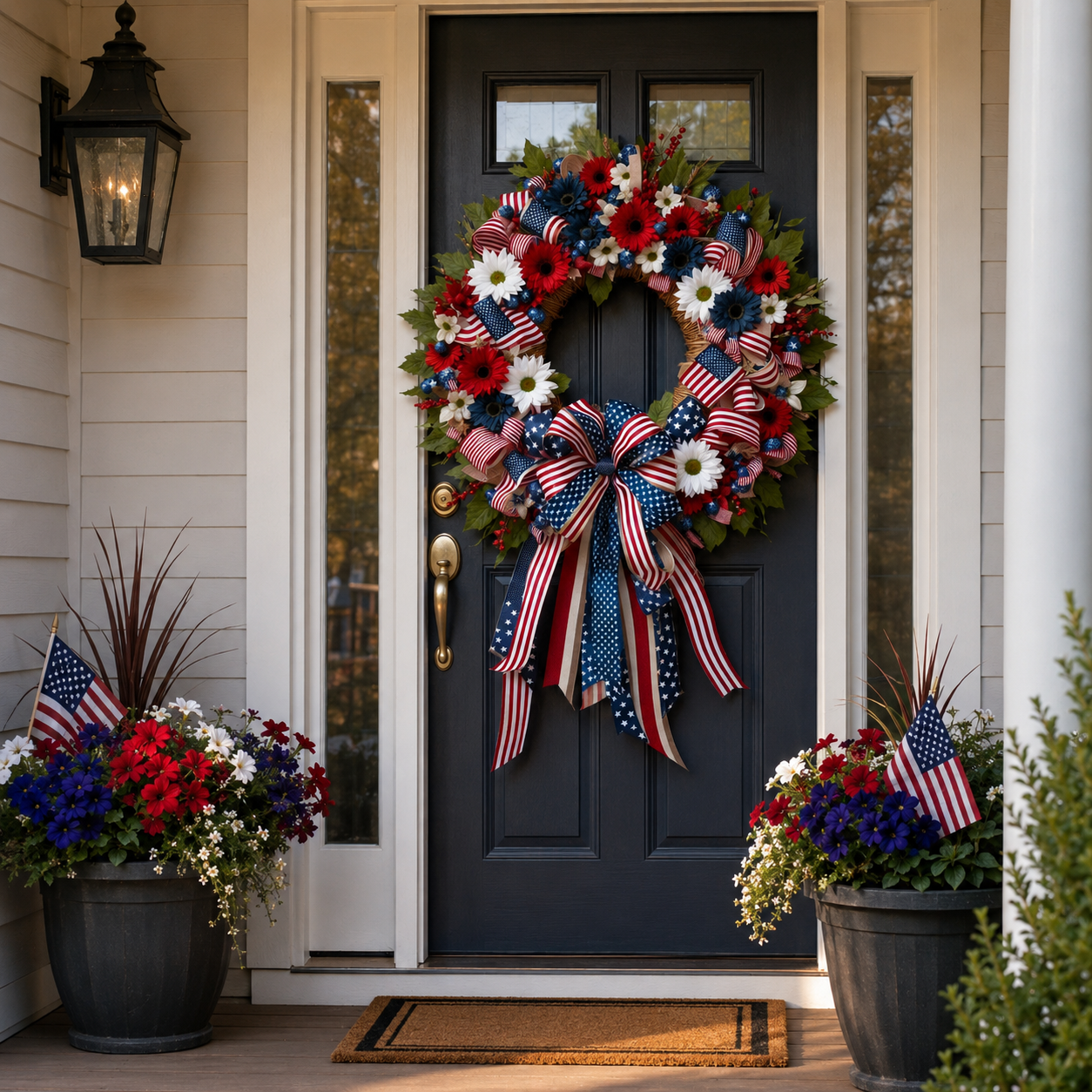 Lighted Patriotic Floral Wreath with Warm White LEDs, 55cm.