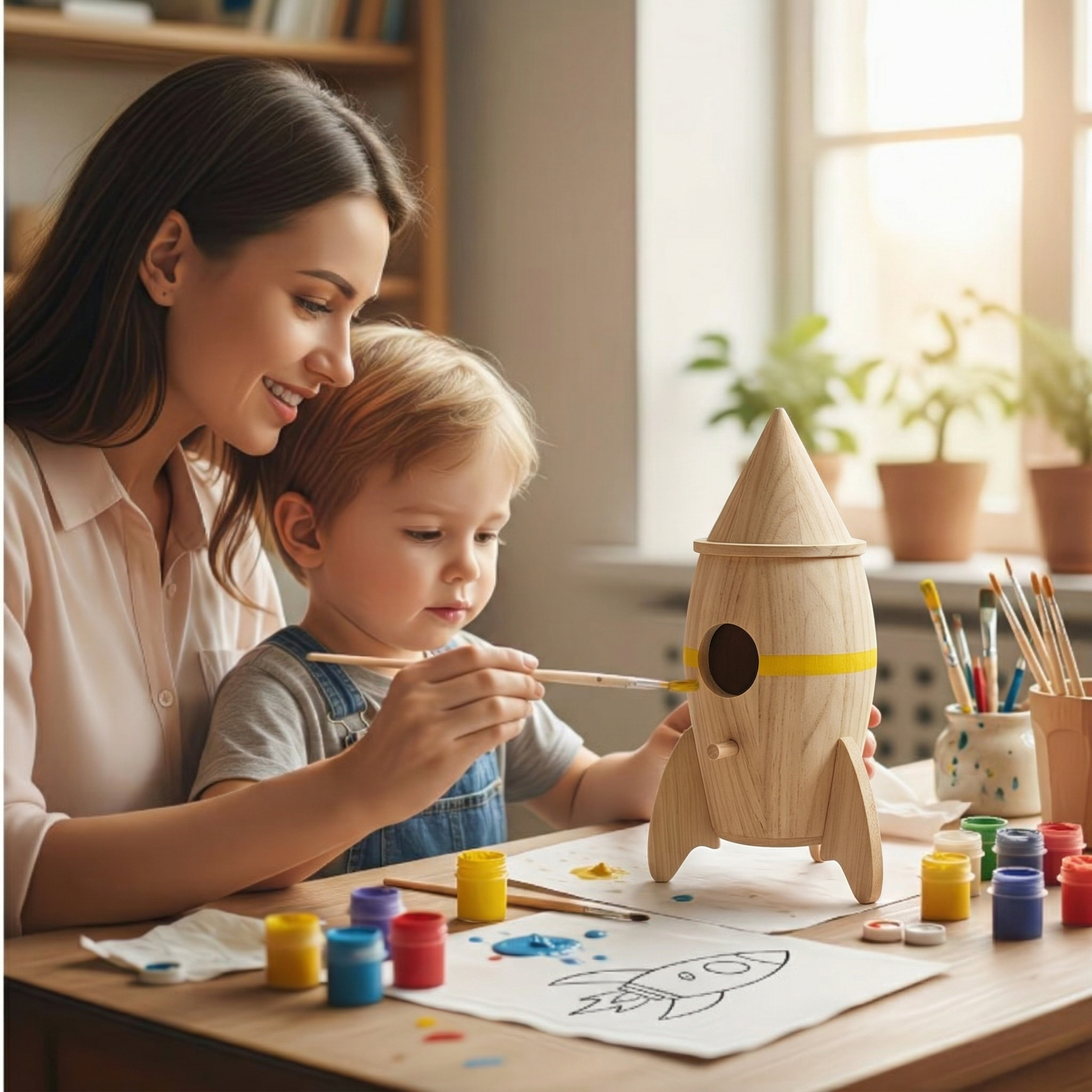 Rocket-Shaped Wooden Birdhouse for DIY Painting – Hanging Outdoor Garden Bird House Decor