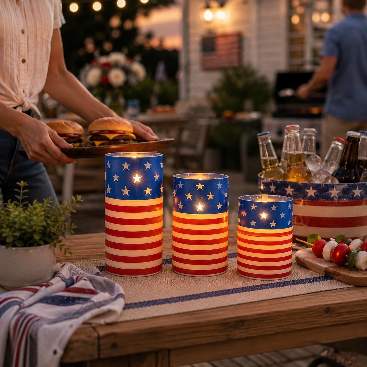 A patriotic-themed flameless LED candle set with remote control.
