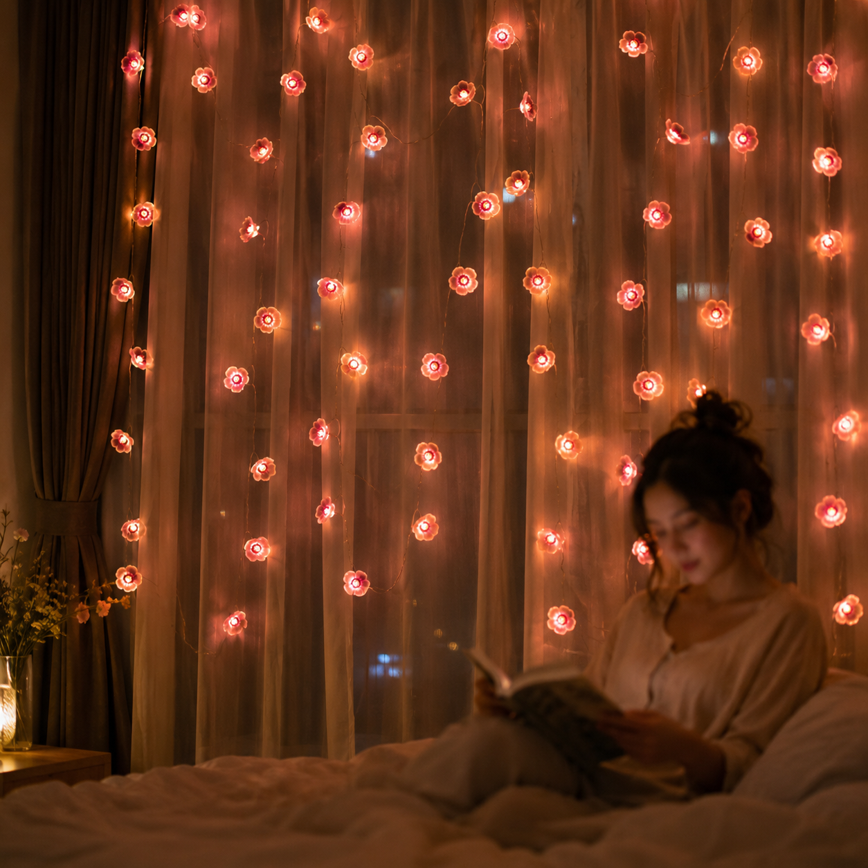 Pink Flower LED Copper Wire String Lights – Battery Powered Floral Fairy Lights