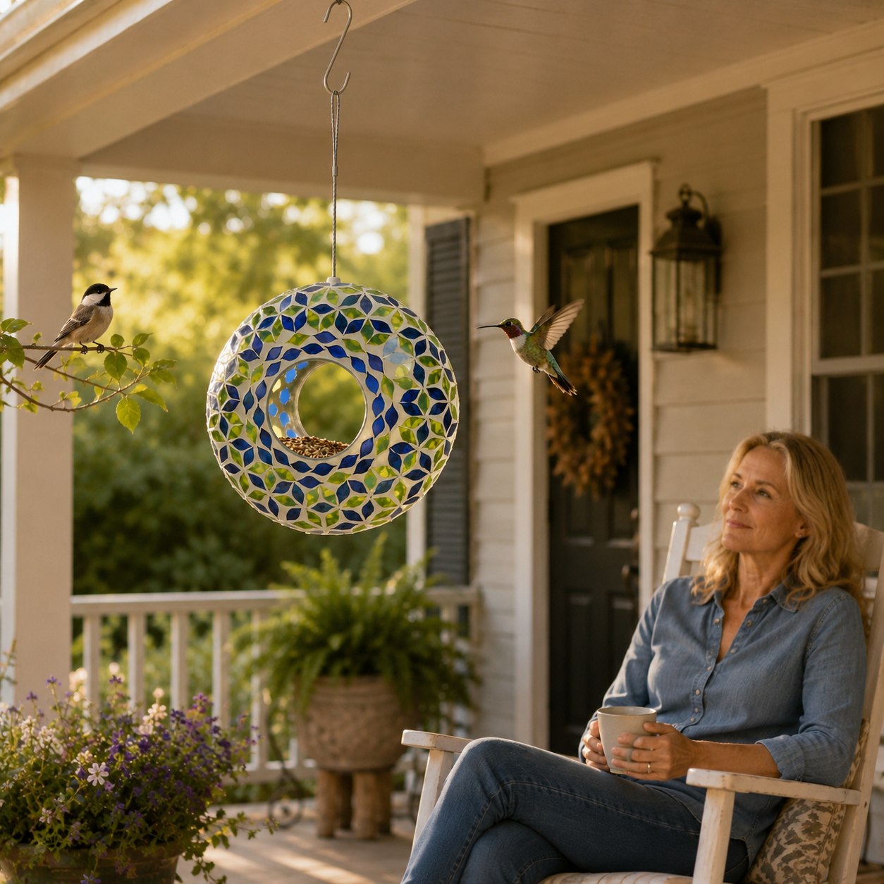 Glass Hanging Bird Feeder with Blue & Green Leaf Pattern