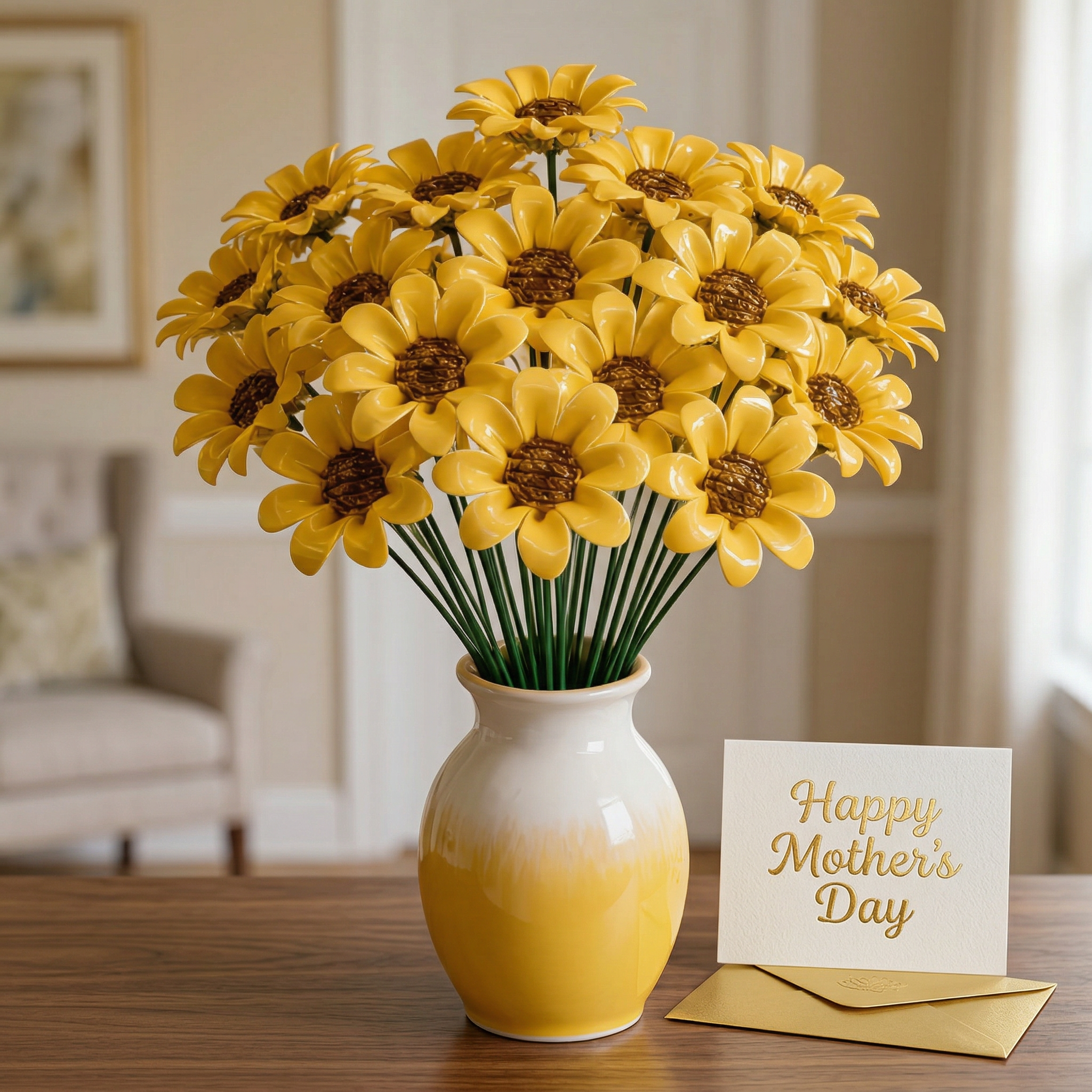 10pcs Ceramic Sunflower Bouquet Decor – Warm Yellow Tabletop Floral Accent for Bedroom, Living Room & Entryway