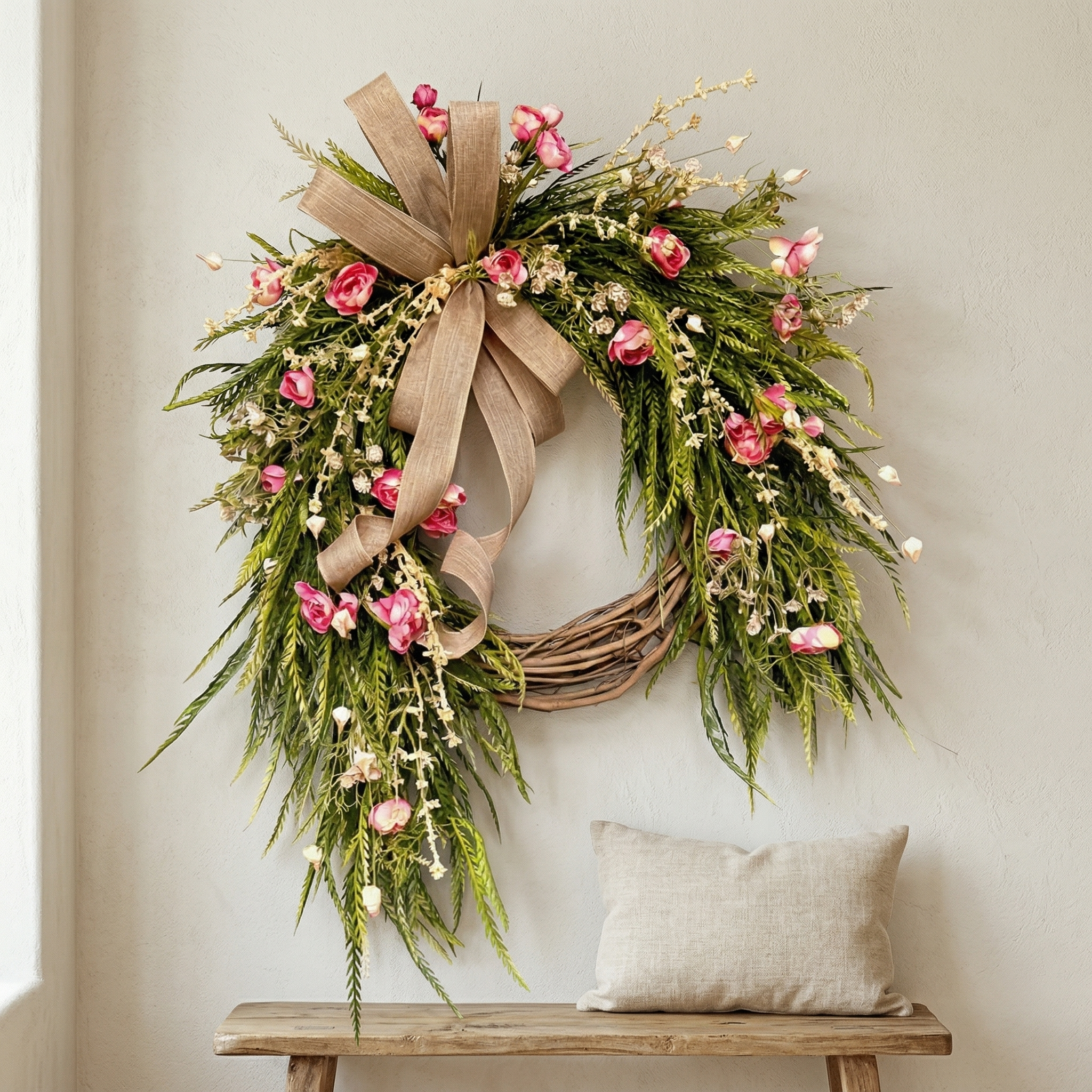 18" Handmade Spring Floral Door Wreath with Pink Blooms and Rustic Bow
