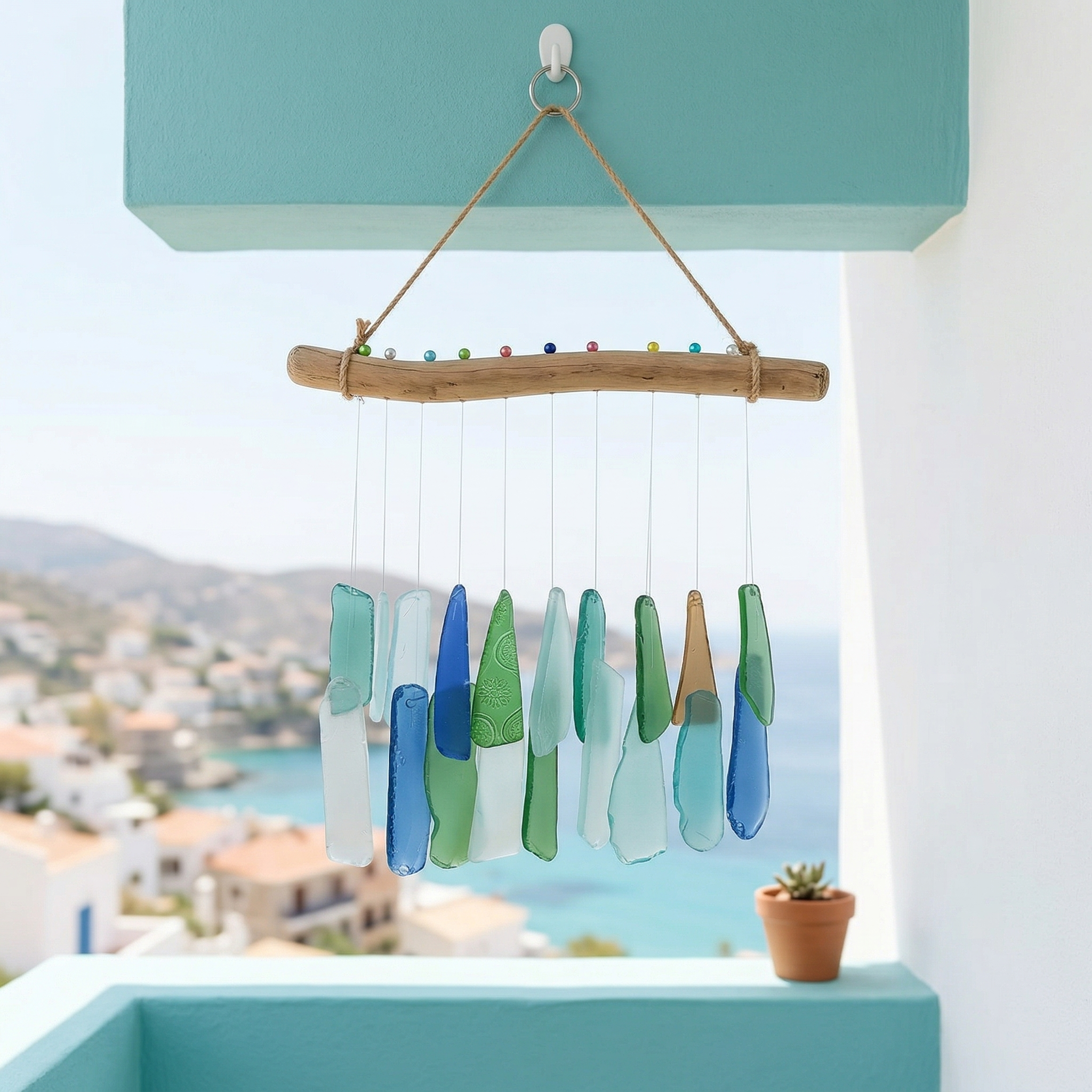 Coastal Sea Glass Driftwood Wind Chime Wall Hanging