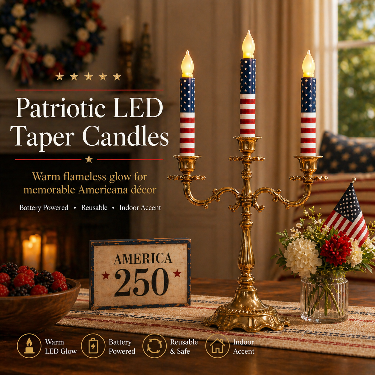 2PCS UV Printed LED Remote Flameless Patriotic Taper Candle