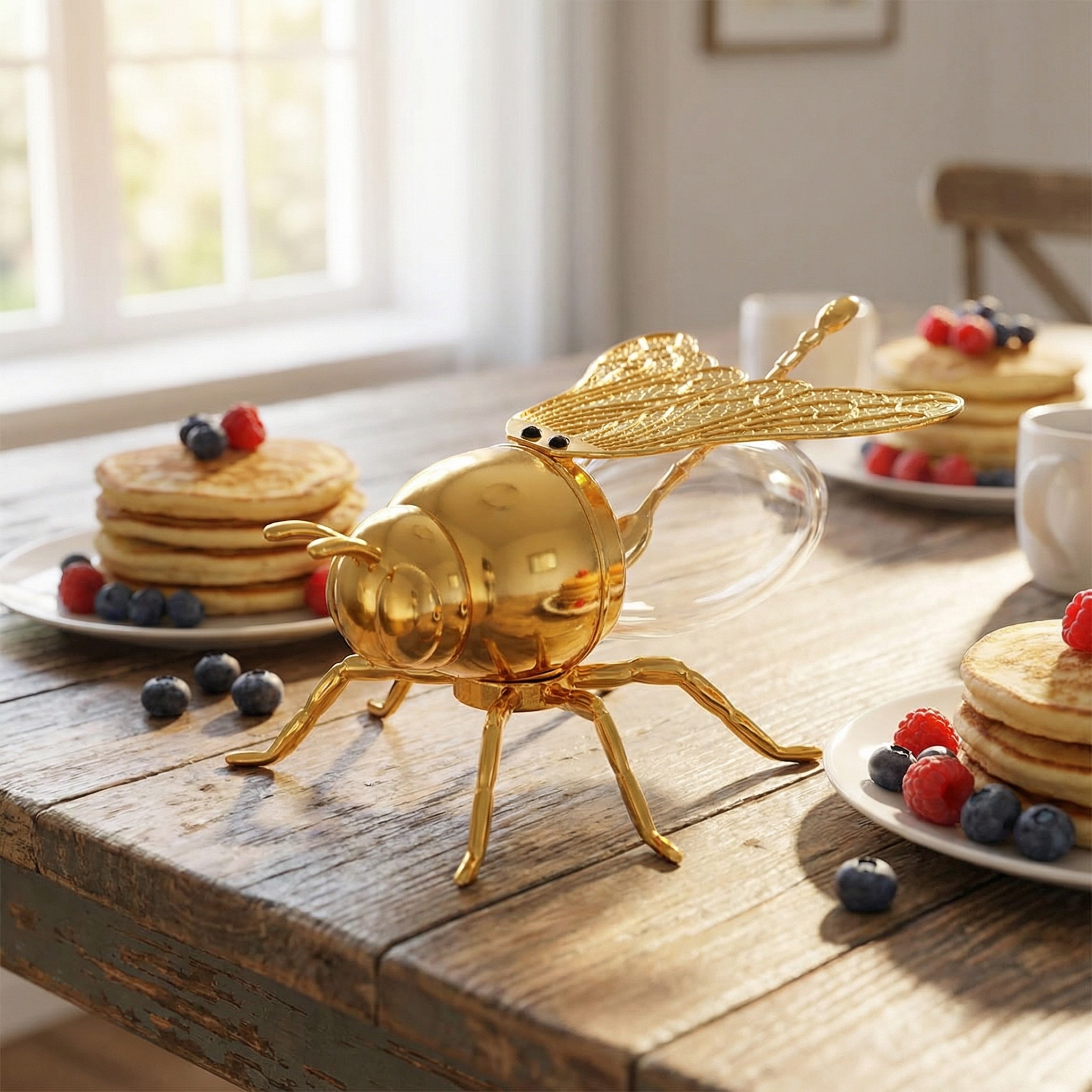 Bee Honey Jar with Open-Close Wings & Honey Dipper