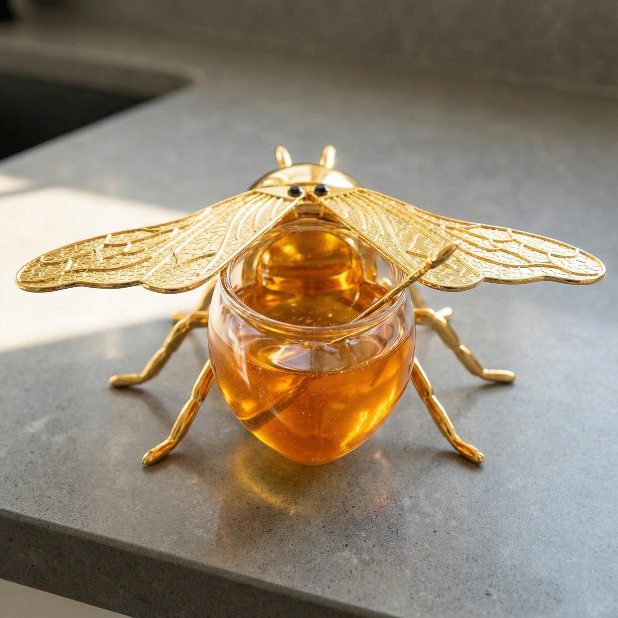 Bee Honey Jar with Open-Close Wings & Honey Dipper