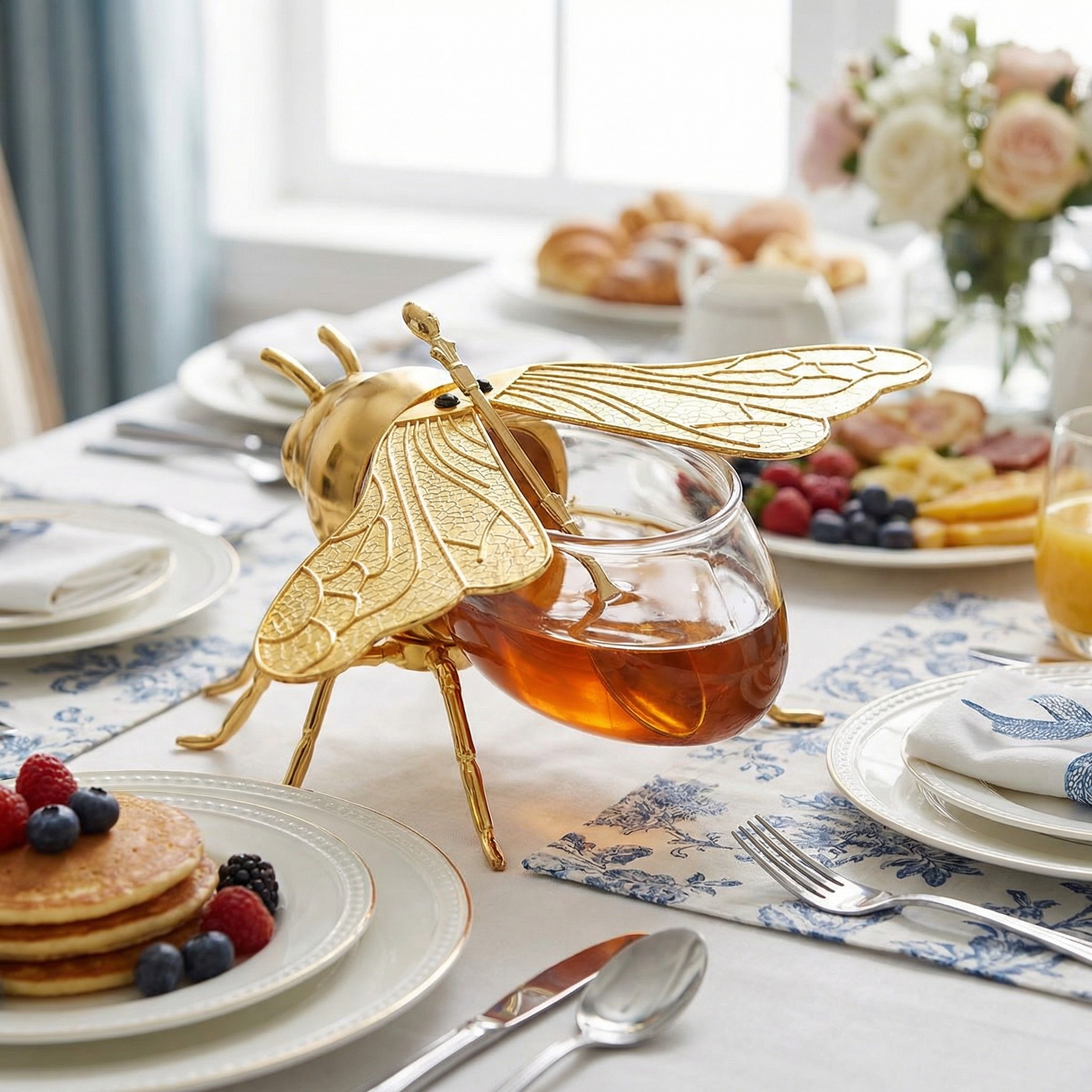 Bee Honey Jar with Open-Close Wings & Honey Dipper