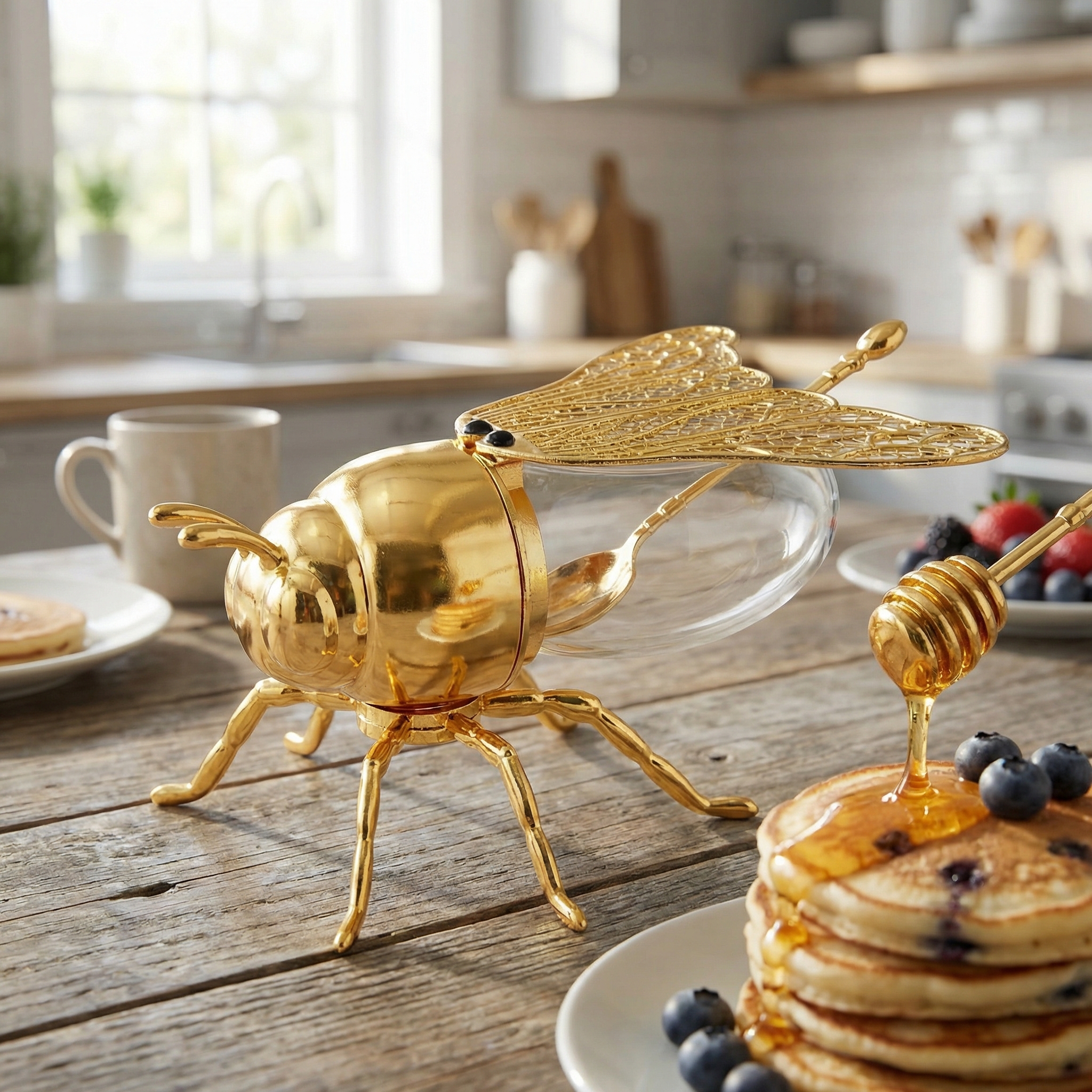Bee Honey Jar with Open-Close Wings & Honey Dipper