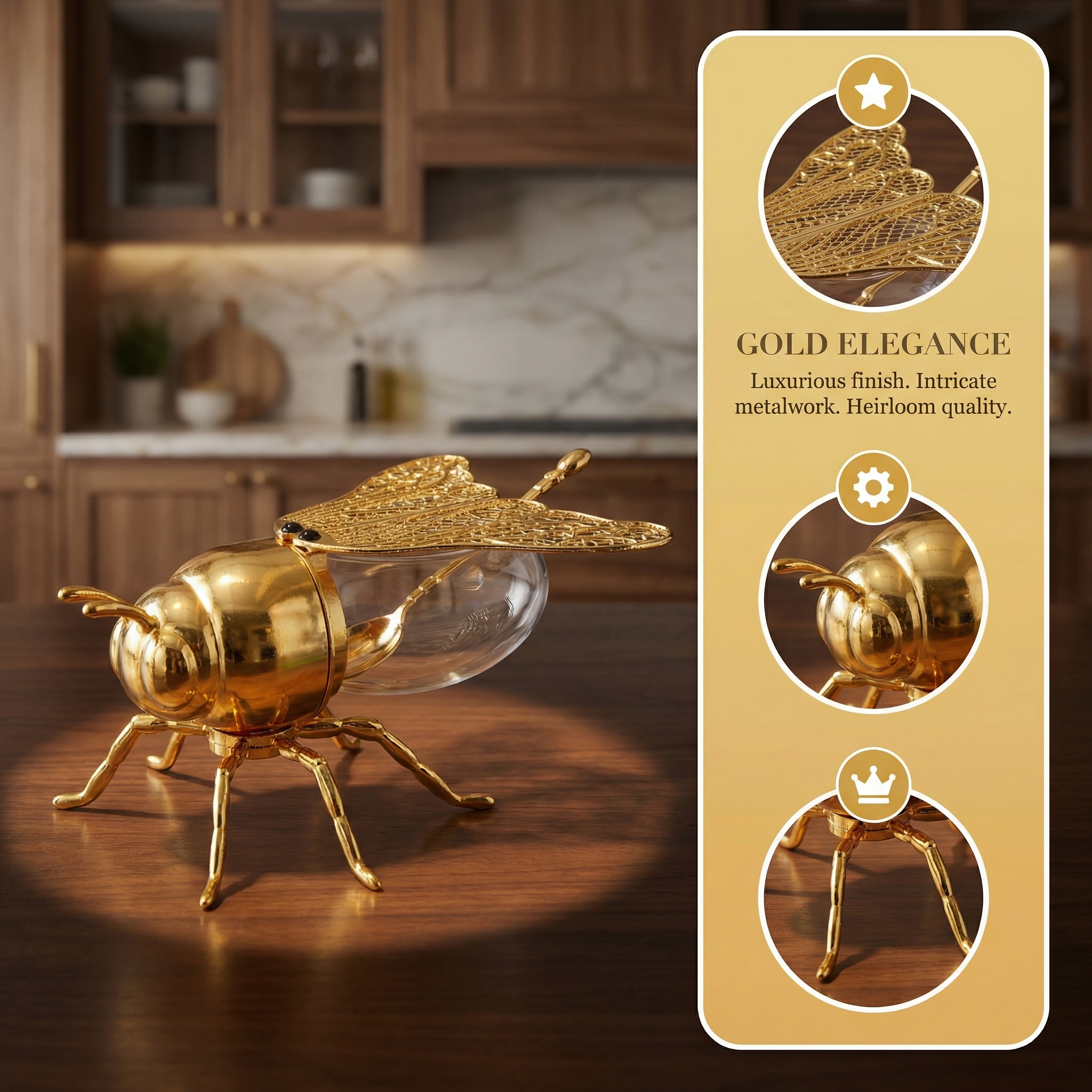 Bee Honey Jar with Open-Close Wings & Honey Dipper
